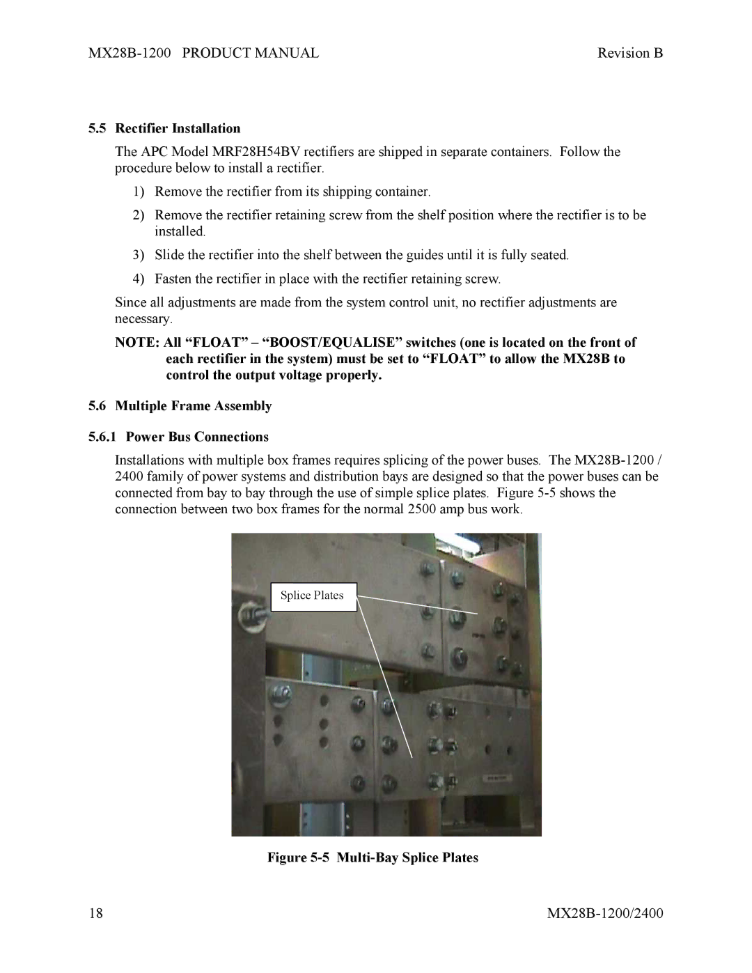 APC MX28B-2400, MX28B-1200 manual Rectifier Installation, Multiple Frame Assembly Power Bus Connections 