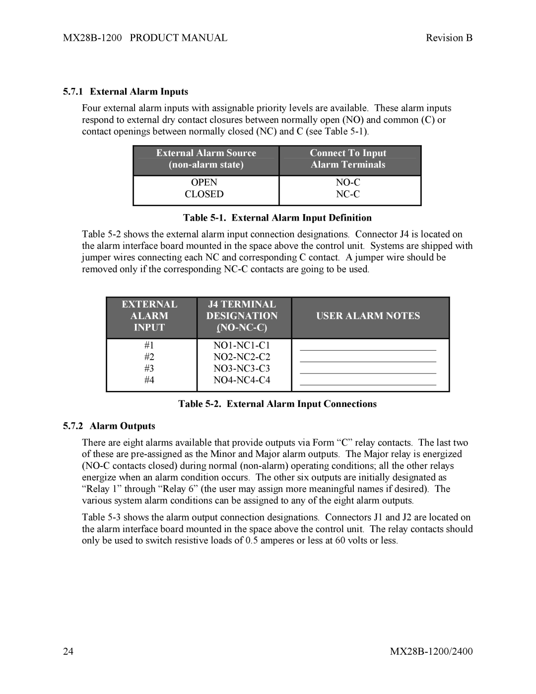 APC MX28B-2400 External Alarm Inputs, External Alarm Input Definition, External Alarm Input Connections Alarm Outputs 