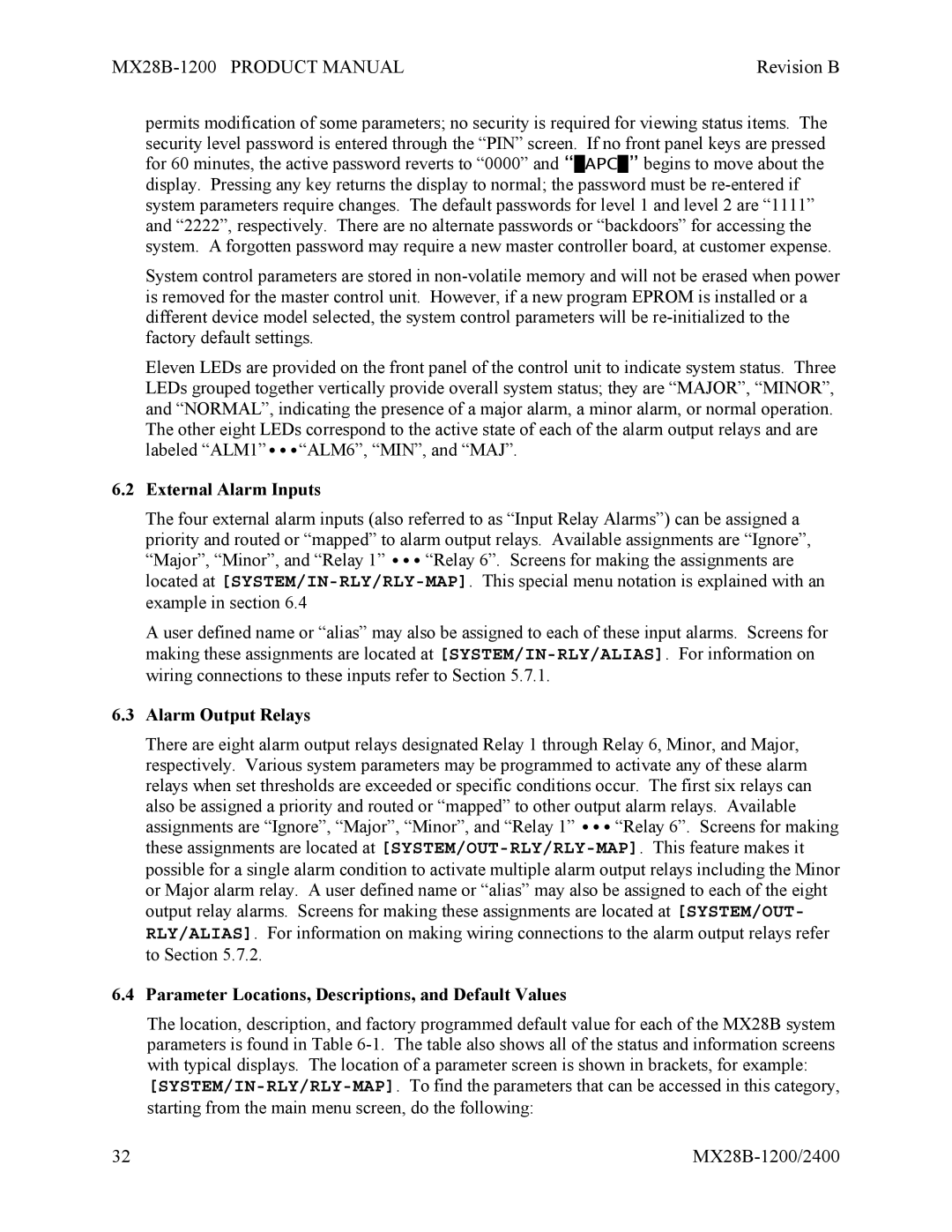 APC MX28B-2400, MX28B-1200 manual Alarm Output Relays, Parameter Locations, Descriptions, and Default Values 