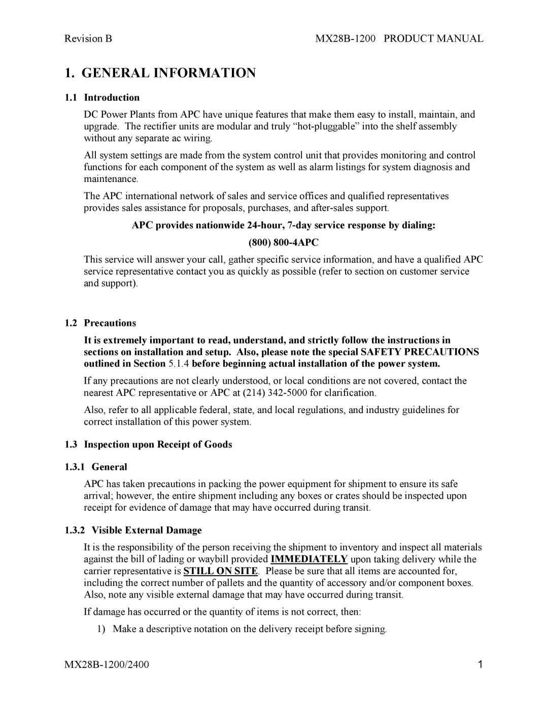 APC MX28B-1200 manual General Information, Introduction, Inspection upon Receipt of Goods General, Visible External Damage 