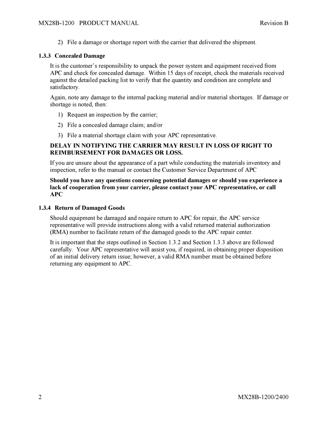 APC MX28B-2400, MX28B-1200 manual Concealed Damage, Return of Damaged Goods 