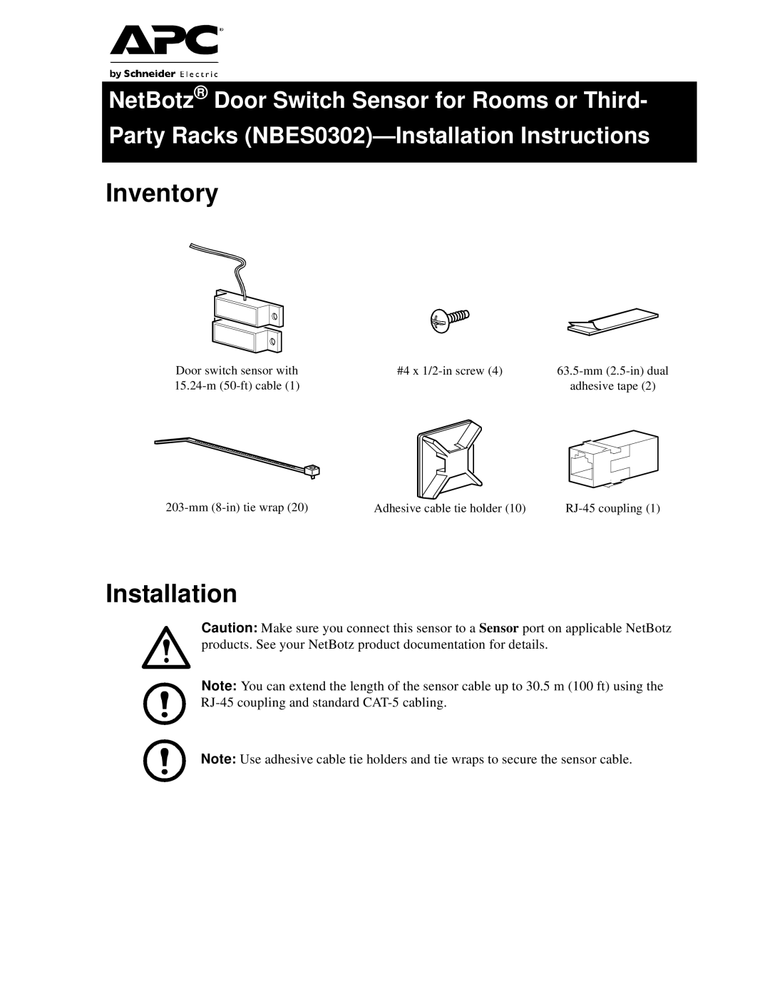 APC NBES0302 installation instructions Inventory, Installation 