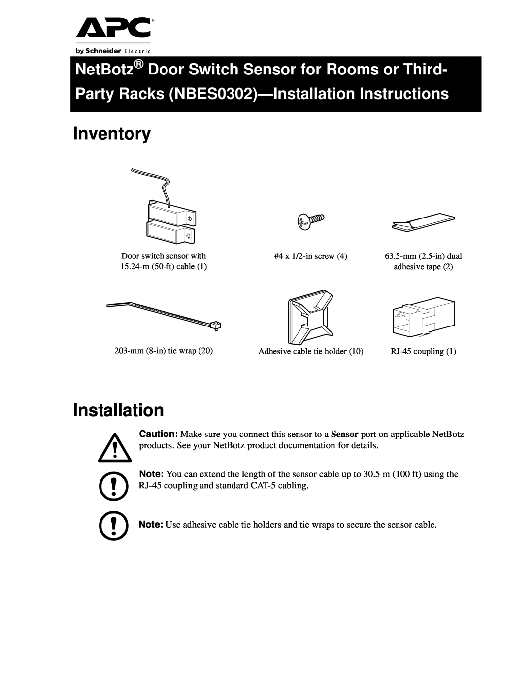 APC NBES0302 installation instructions Inventory, Installation, Door switch sensor with, #4 x 1/2-in screw, mm 2.5-in dual 