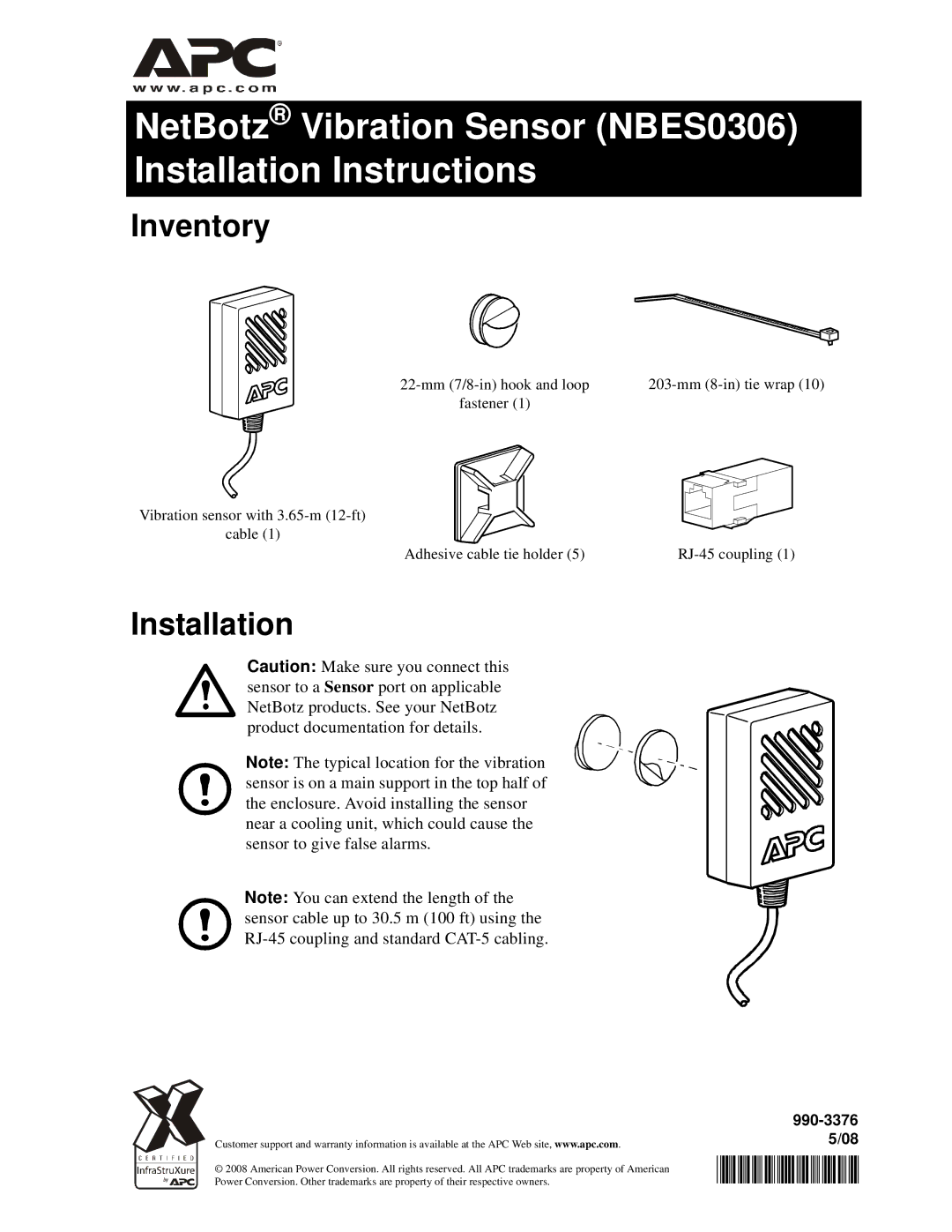 APC installation instructions NetBotz Vibration Sensor NBES0306 Installation Instructions, Inventory 