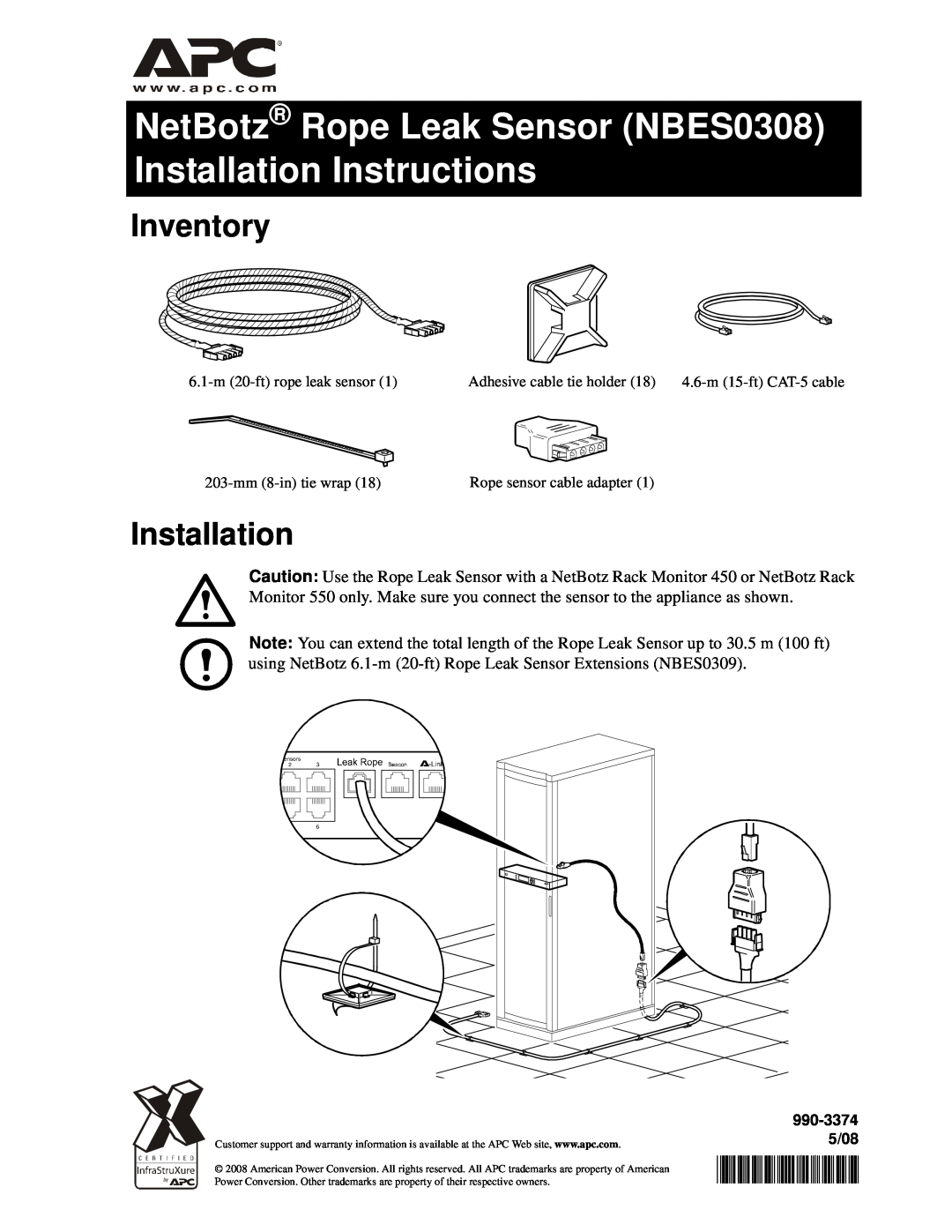 APC installation instructions 990-3374, NetBotz Rope Leak Sensor NBES0308 Installation Instructions, Inventory 