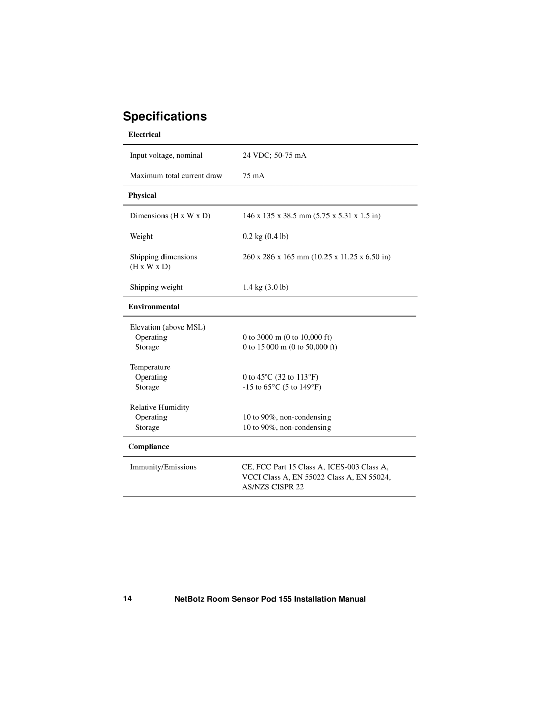 APC NBPD0155 installation manual Specifications, Physical 