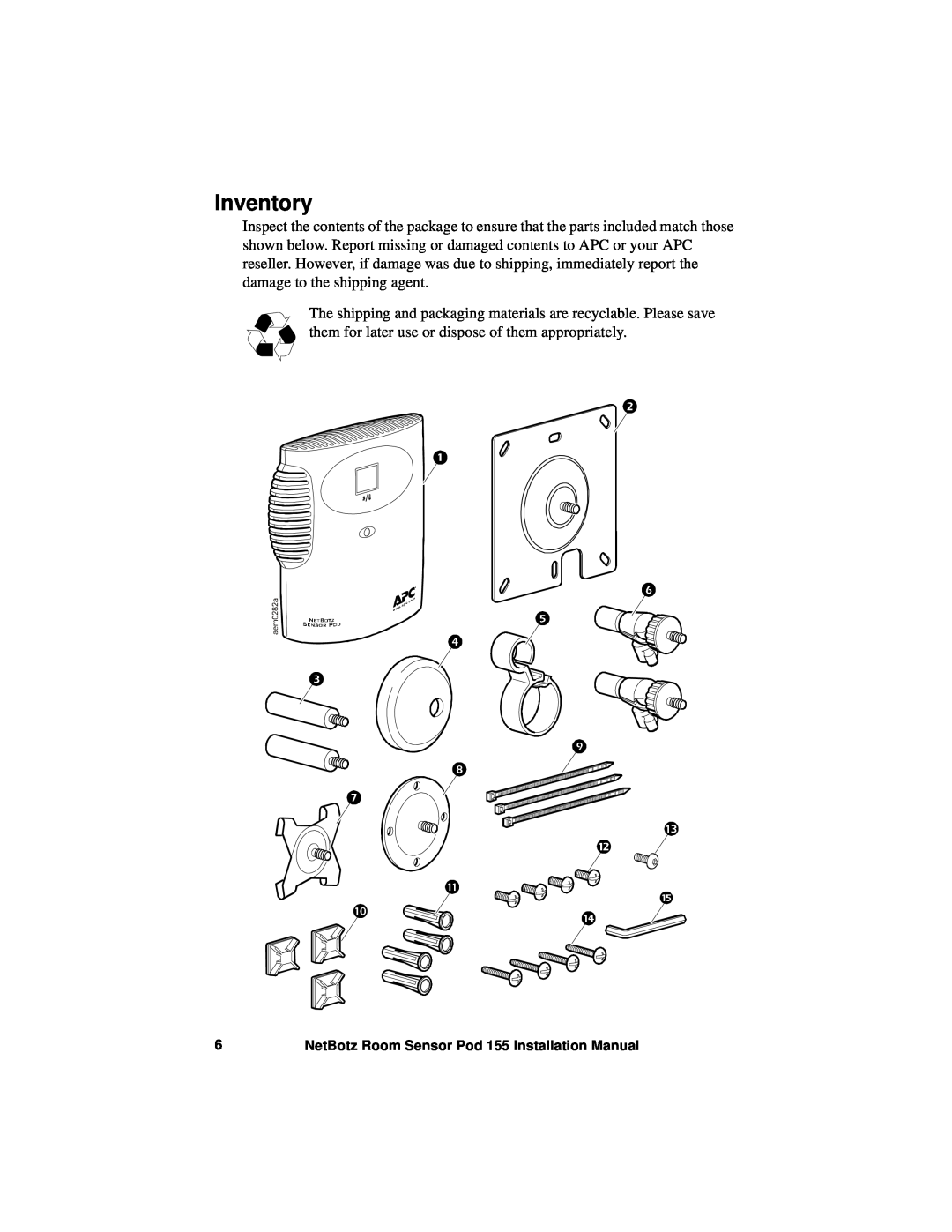 APC NBPD0155 installation manual Inventory, NetBotz Room Sensor Pod 155 Installation Manual 