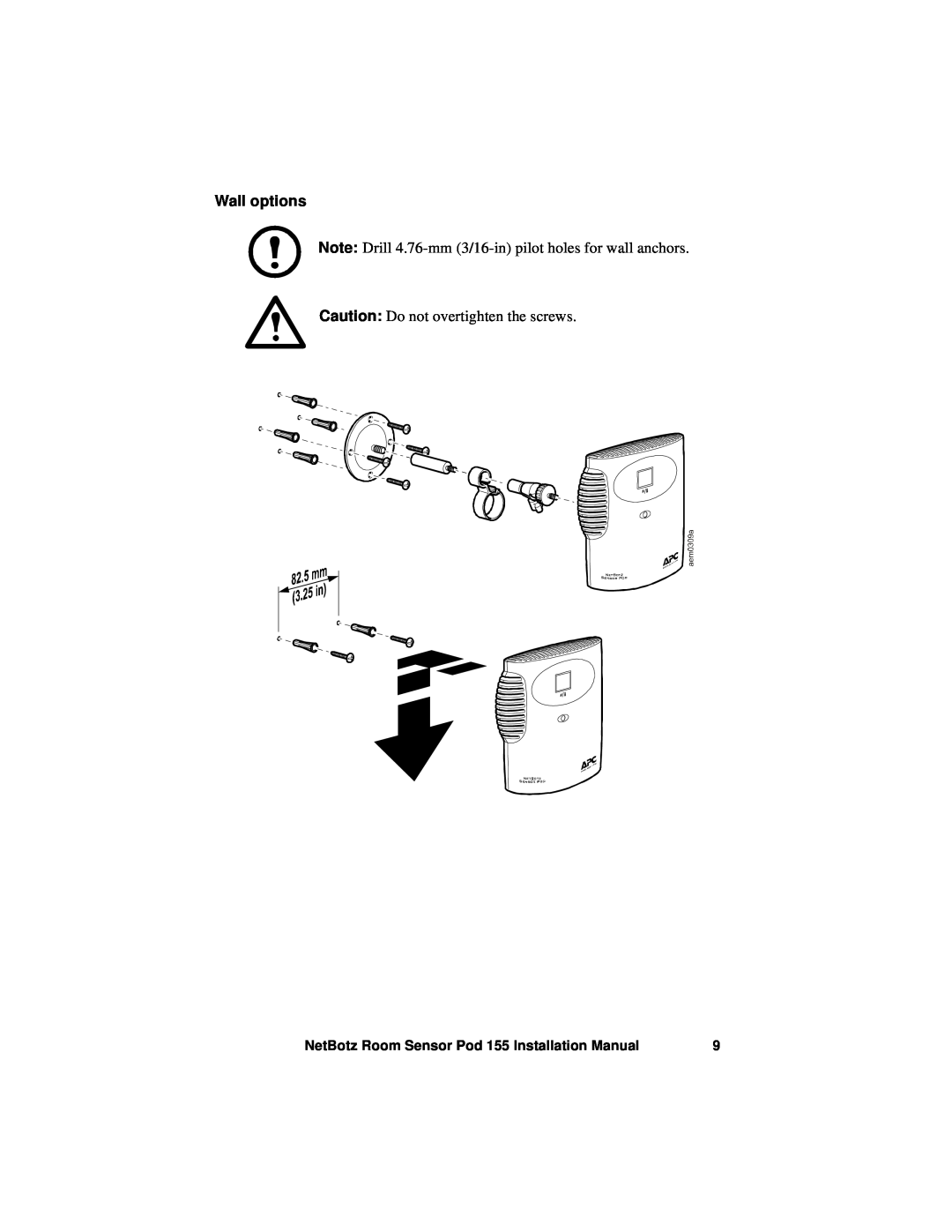 APC NBPD0155 installation manual Wall options, Caution Do not overtighten the screws 