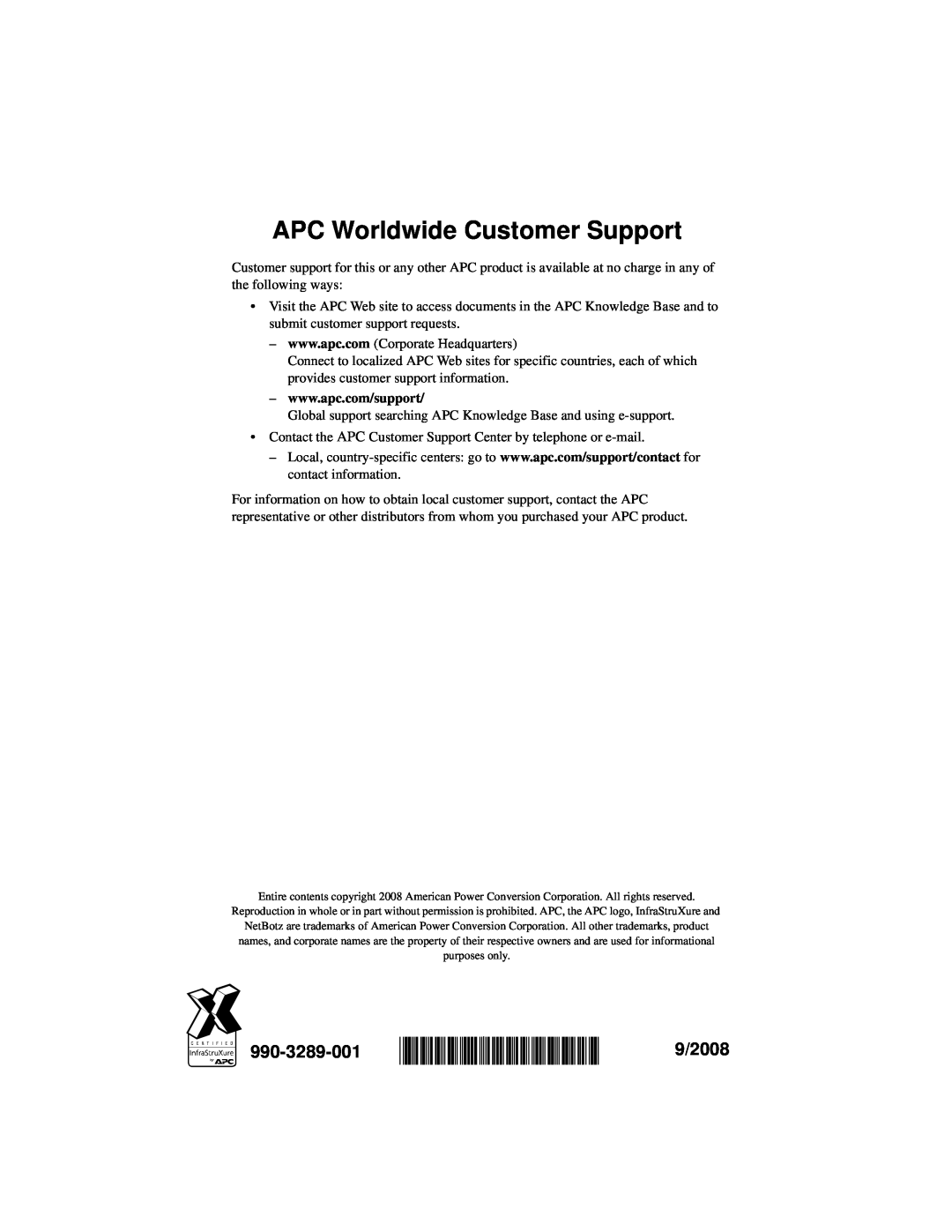 APC NBPD0155 installation manual 990-3289-001 *990-3289-001, APC Worldwide Customer Support, 9/2008 