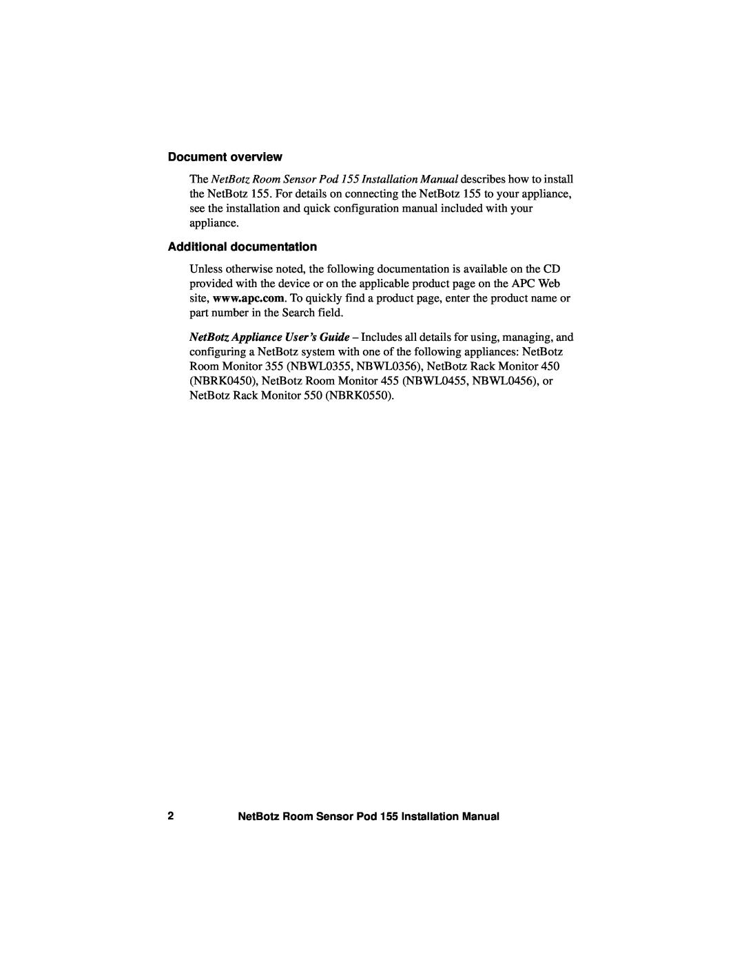 APC NBPD0155 Document overview, Additional documentation, NetBotz Room Sensor Pod 155 Installation Manual 