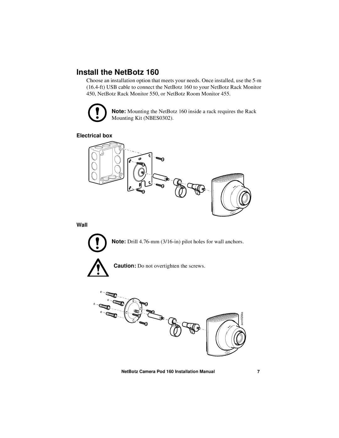 APC NBPD0160 installation manual Install the NetBotz, Electrical box Wall 