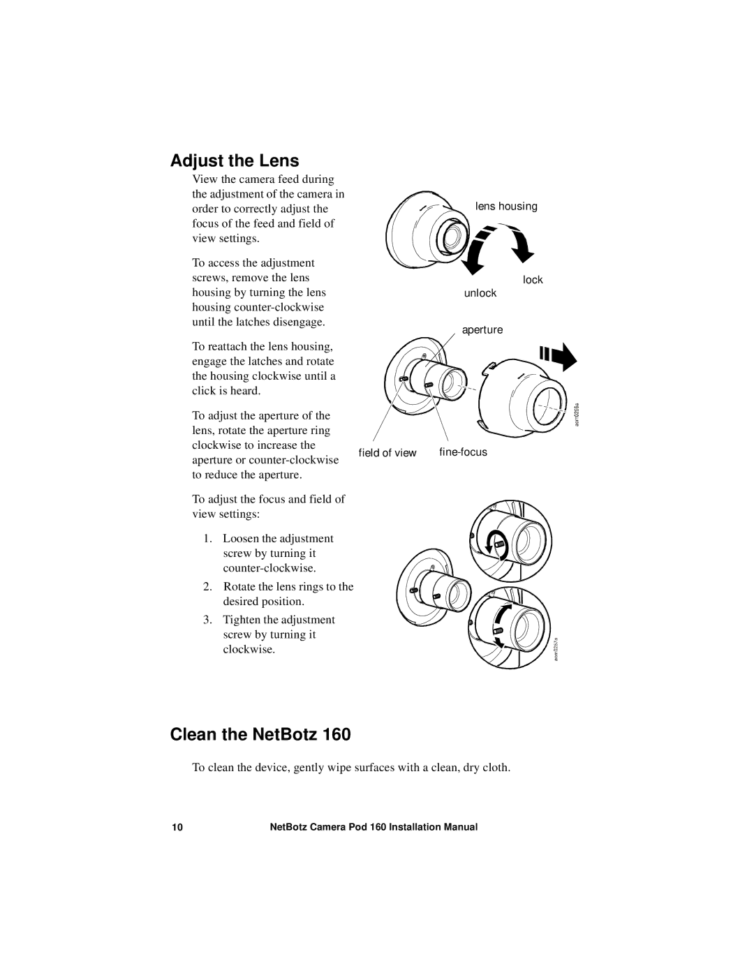 APC NBPD0160 installation manual Adjust the Lens, Clean the NetBotz 