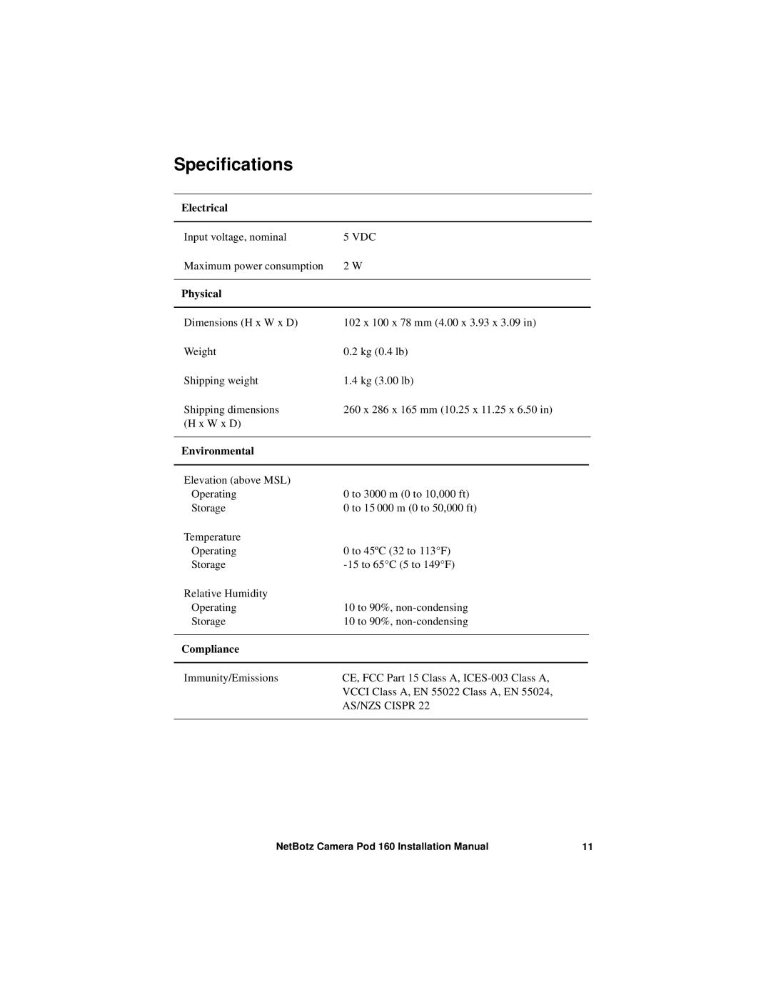 APC NBPD0160 installation manual Specifications, Physical 