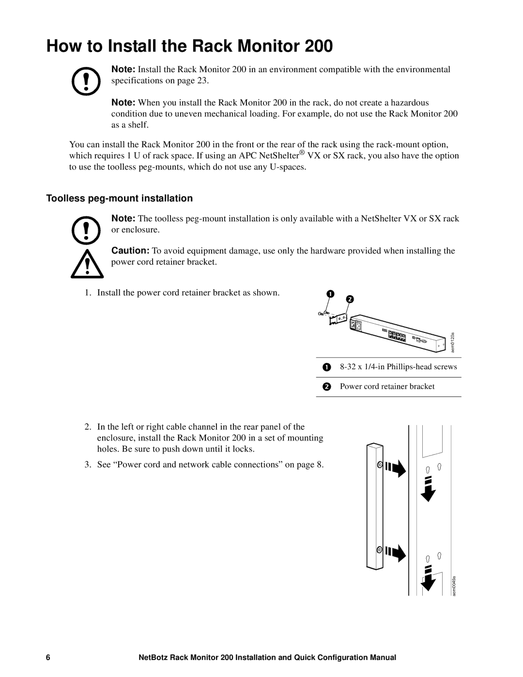 APC NBRK0200 configurationmanual How to Install the Rack Monitor, Toolless peg-mount installation 