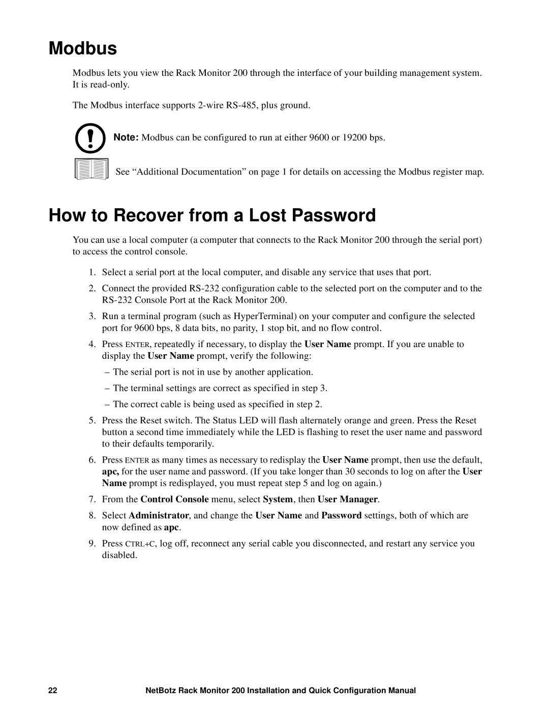 APC NBRK0200 configurationmanual Modbus, How to Recover from a Lost Password 