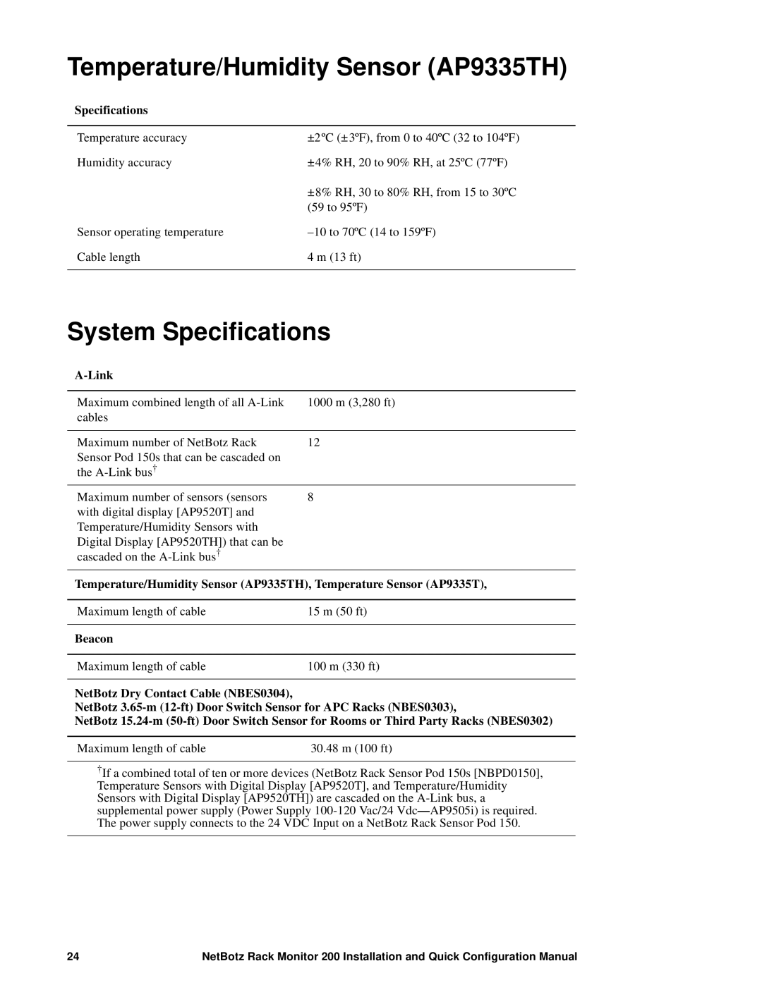 APC NBRK0200 configurationmanual Temperature/Humidity Sensor AP9335TH, System Specifications 