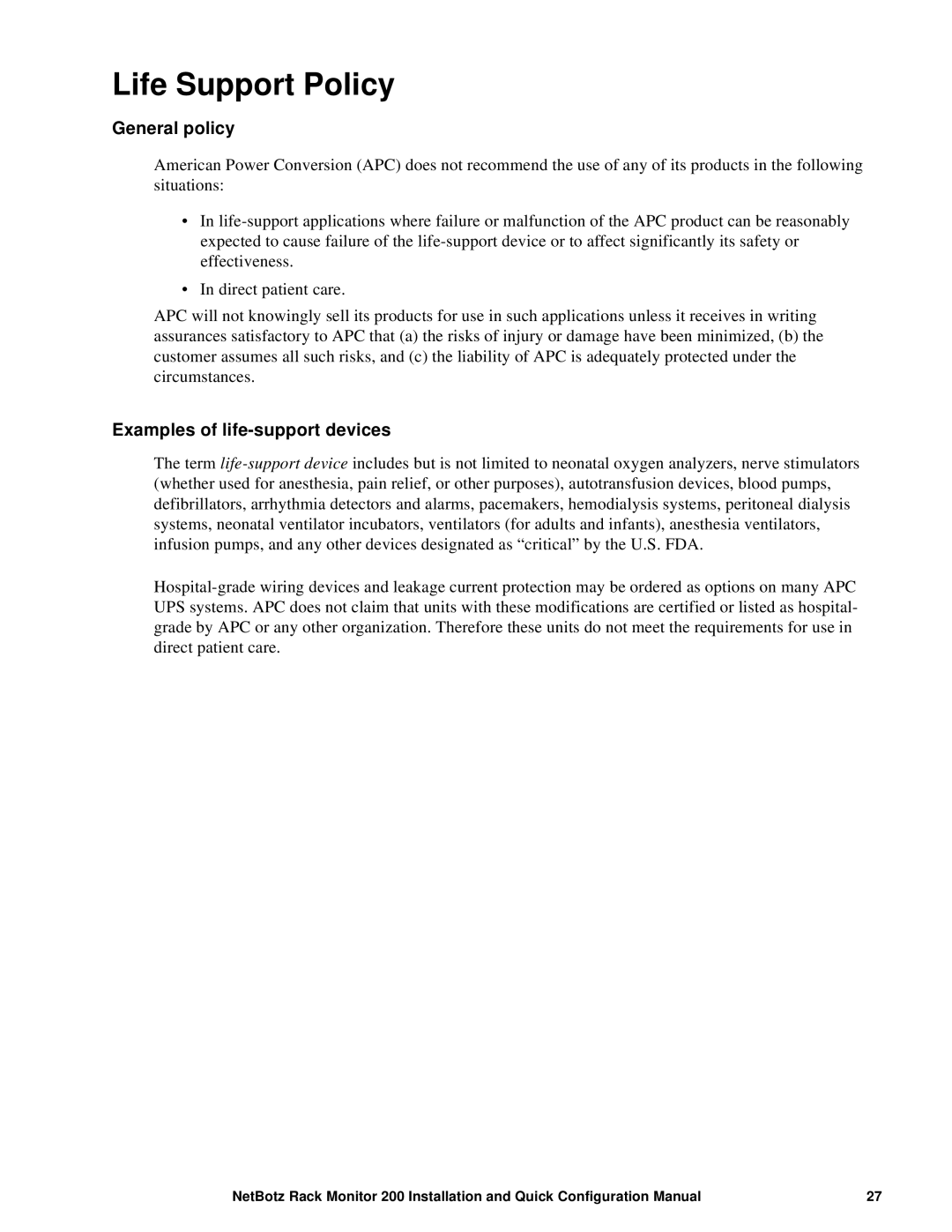 APC NBRK0200 configurationmanual Life Support Policy, General policy, Examples of life-support devices 