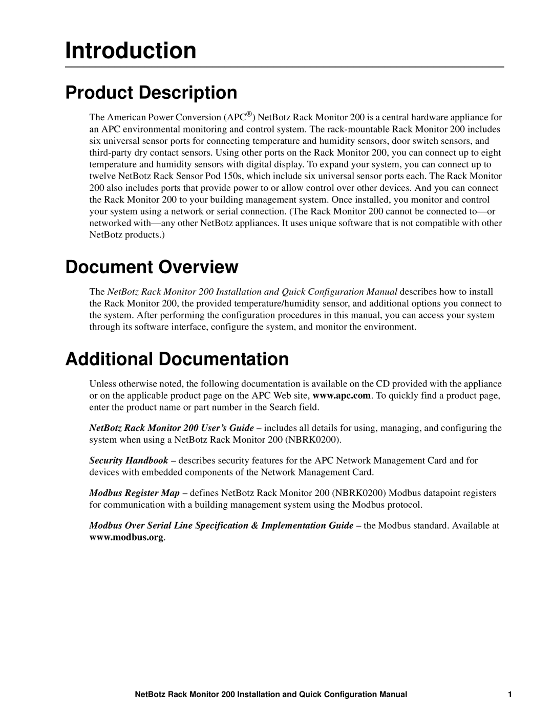 APC NBRK0200 configurationmanual Introduction, Product Description, Document Overview, Additional Documentation 