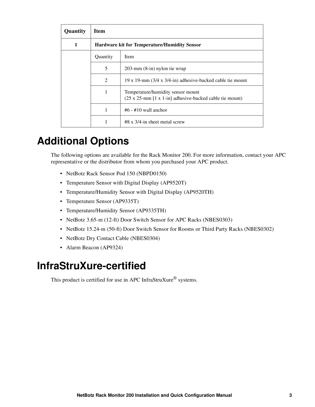 APC NBRK0200 configurationmanual Additional Options, InfraStruXure-certified 