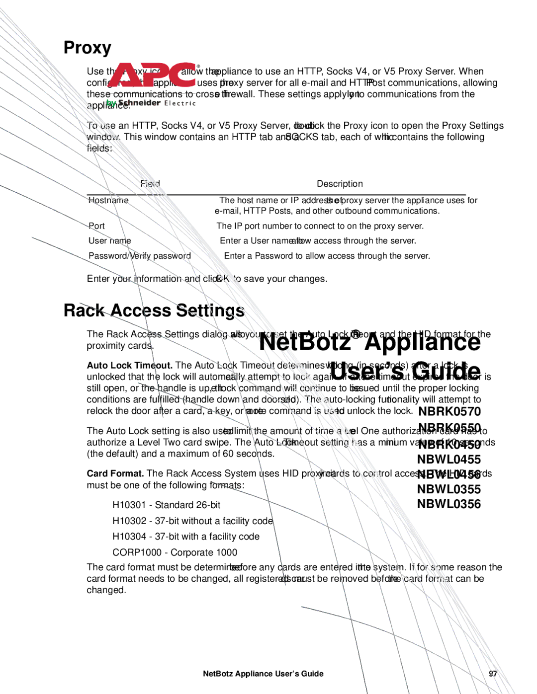 APC NBRK0570, NBRK0550, NBRK0450 manual Proxy, Rack Access Settings 