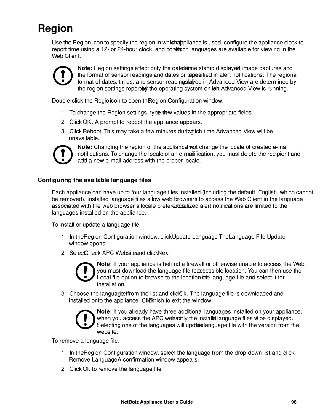 APC NBRK0550, NBRK0450, NBRK0570 manual Region, Configuring the available language files 