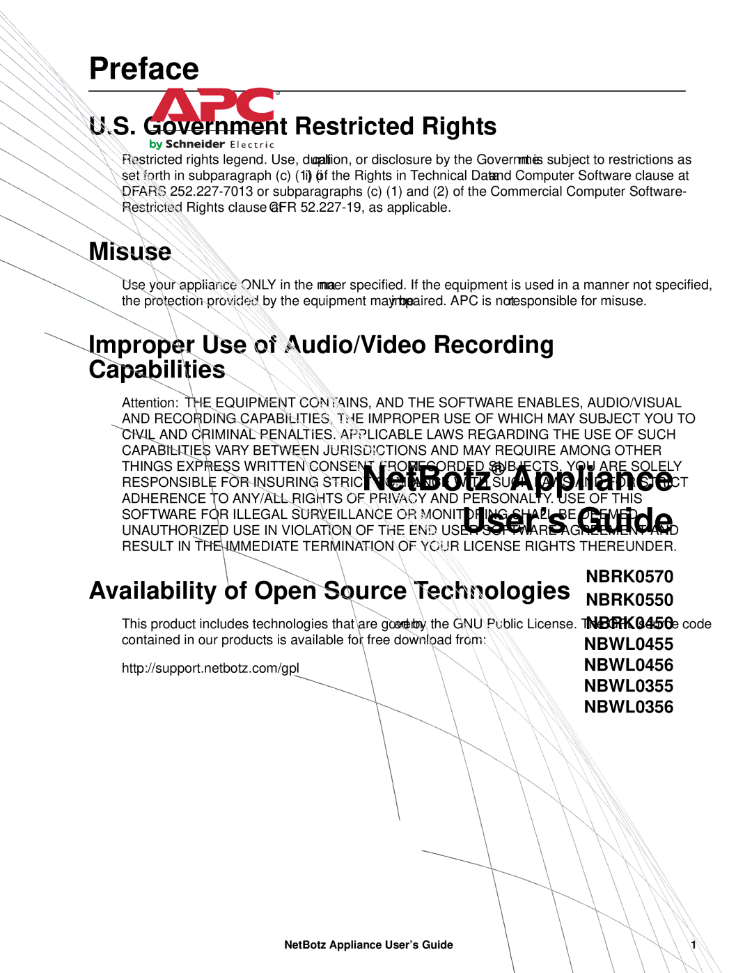 APC NBRK0570, NBRK0550, NBRK0450 manual Preface, Government Restricted Rights, Misuse 