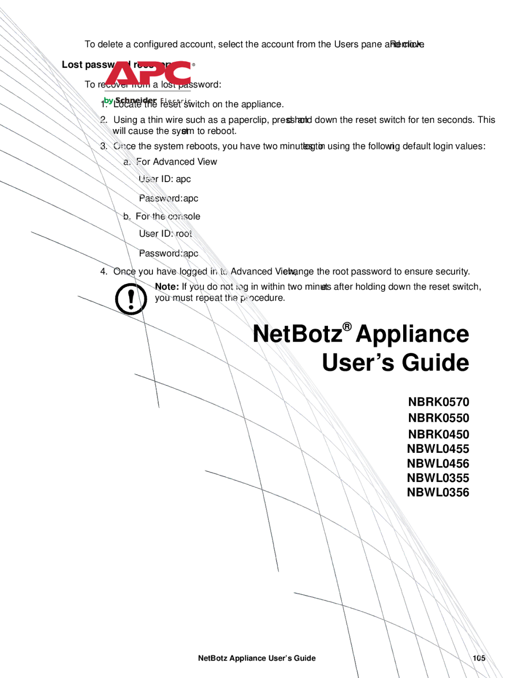 APC NBRK0450, NBRK0550, NBRK0570 manual Lost password recovery, User ID apc Password apc, User ID root Password apc 