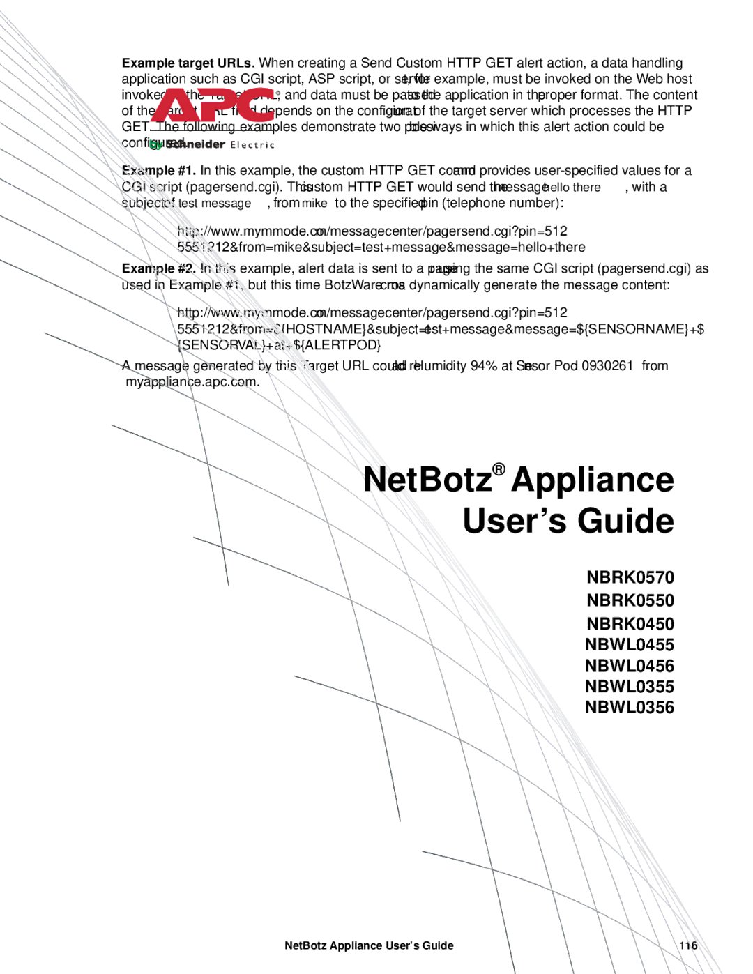 APC NBRK0550, NBRK0450, NBRK0570 manual NetBotz Appliance User’s Guide 116 