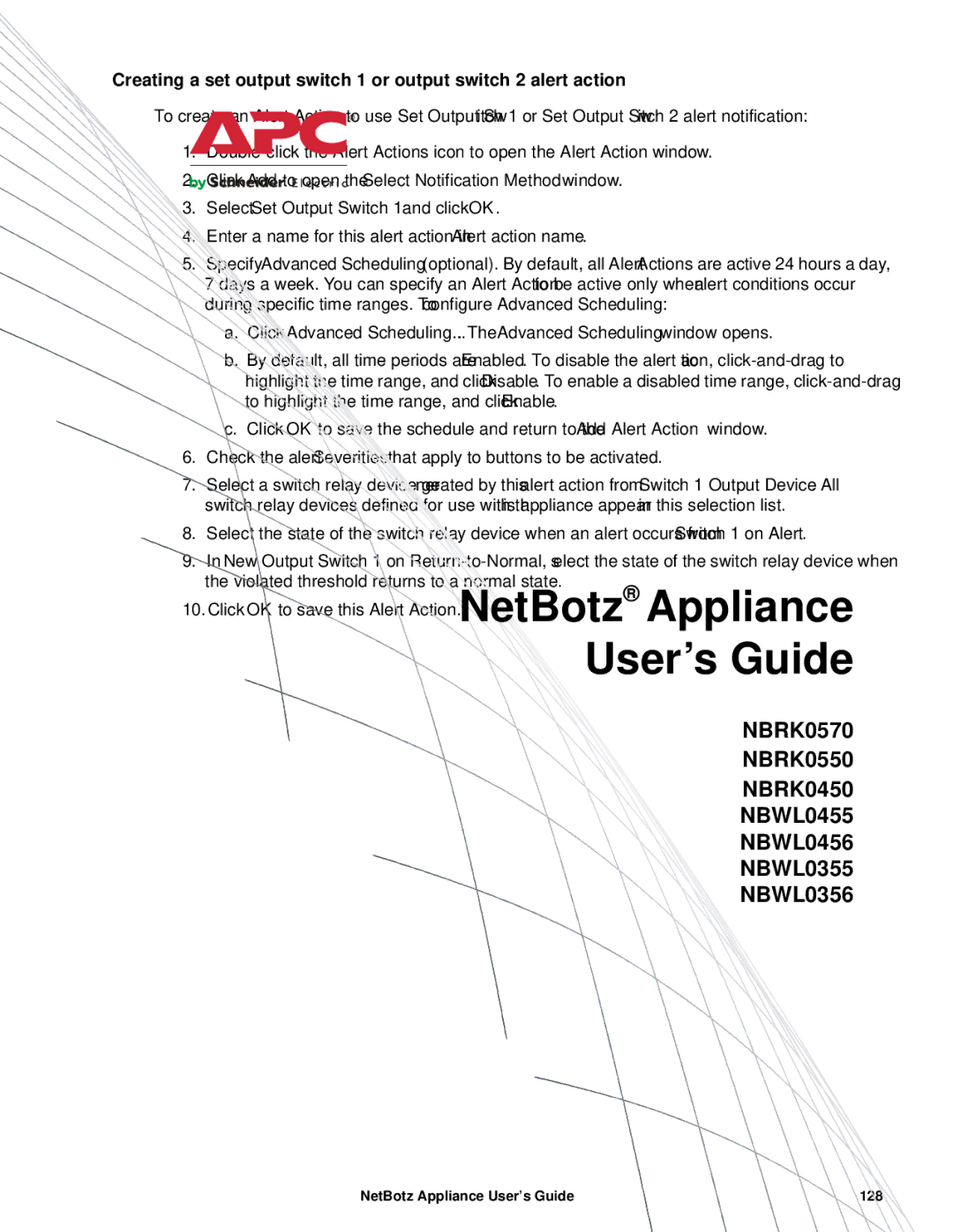 APC NBRK0550, NBRK0450, NBRK0570 manual NetBotz Appliance User’s Guide 128 