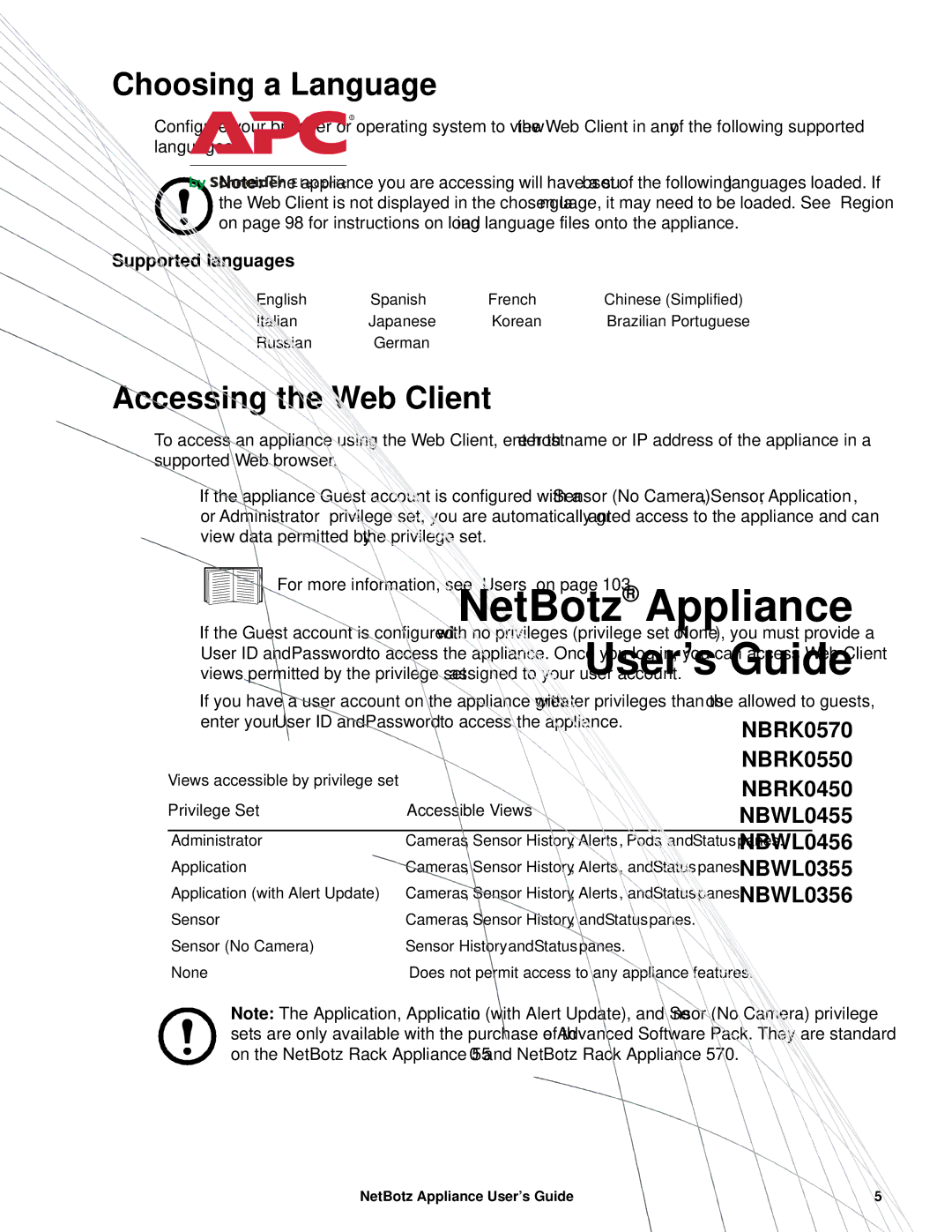 APC NBRK0550, NBRK0450, NBRK0570 manual Choosing a Language, Accessing the Web Client, Supported languages 