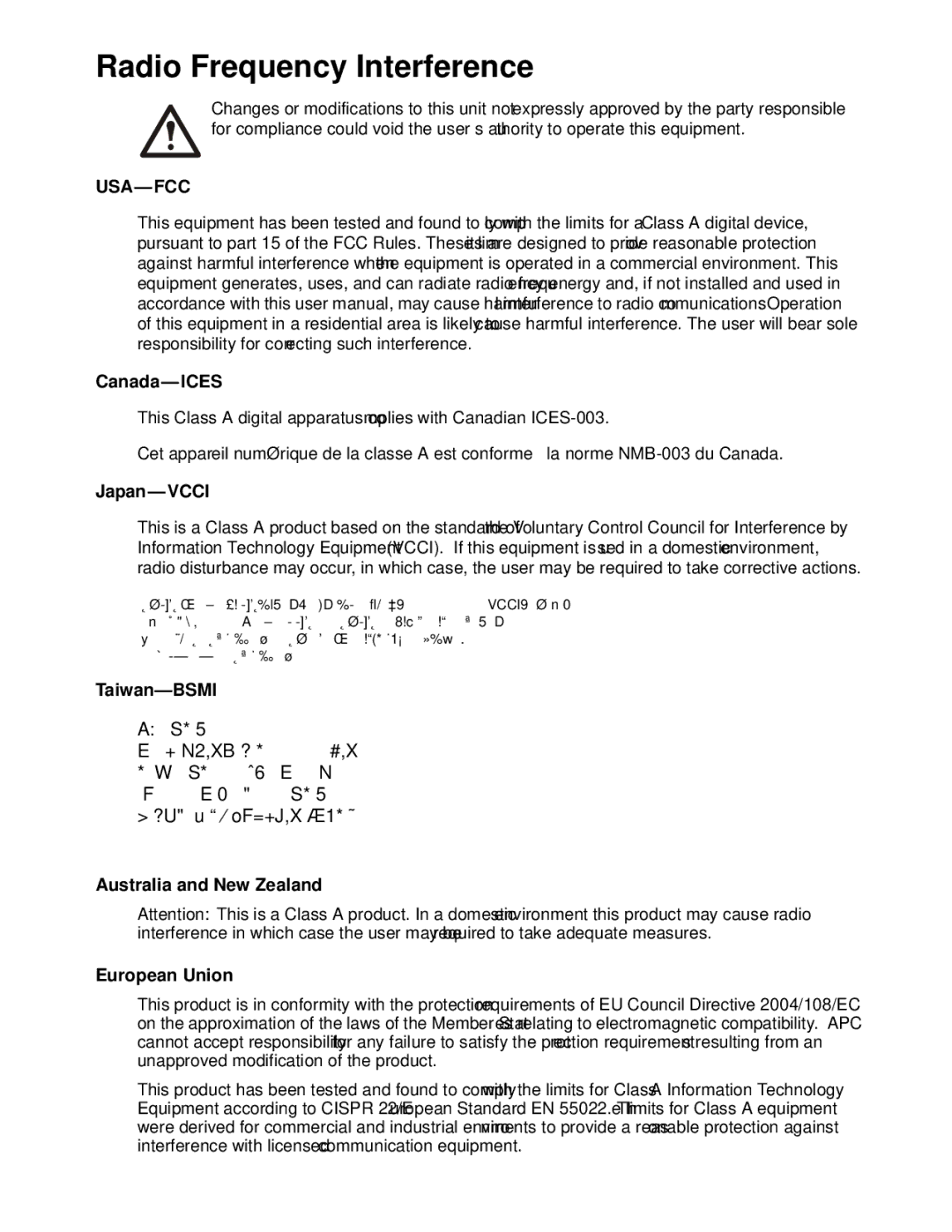 APC NBRK0450 Radio Frequency Interference, Canada-ICES, Japan-VCCI, Taiwan-BSMI, Australia and New Zealand European Union 