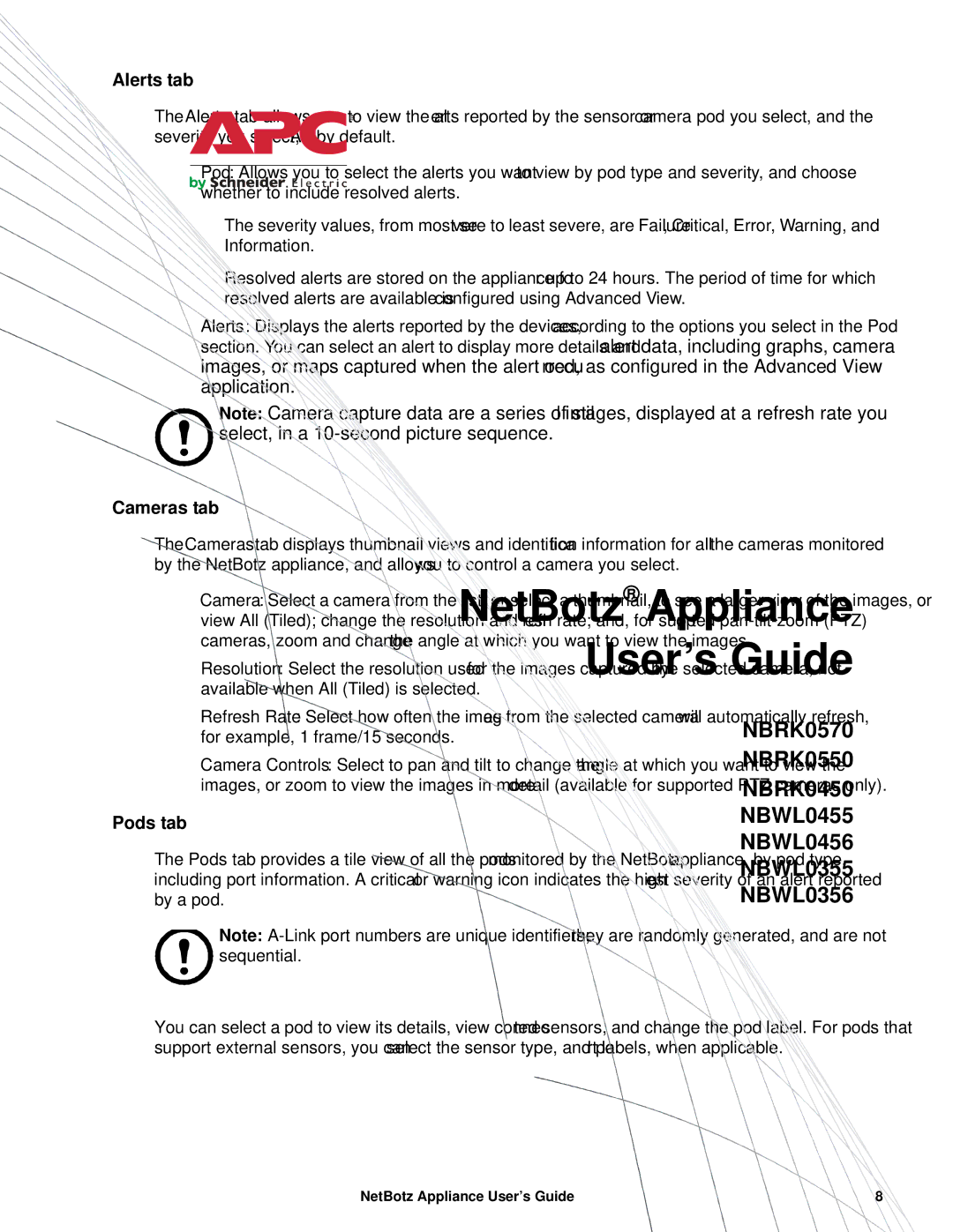 APC NBRK0550, NBRK0450, NBRK0570 manual Alerts tab, Cameras tab, Pods tab 