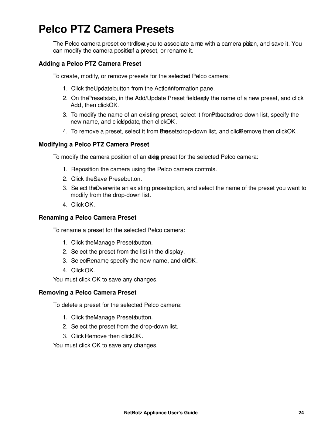 APC NBRK0450, NBRK0550 Pelco PTZ Camera Presets, Adding a Pelco PTZ Camera Preset, Modifying a Pelco PTZ Camera Preset 