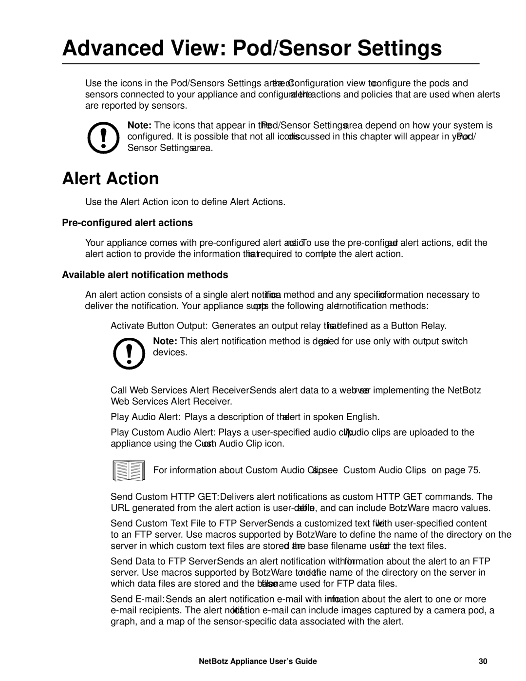 APC NBRK0450, NBRK0550, NBRK0570 manual Advanced View Pod/Sensor Settings, Alert Action, Pre-configured alert actions 