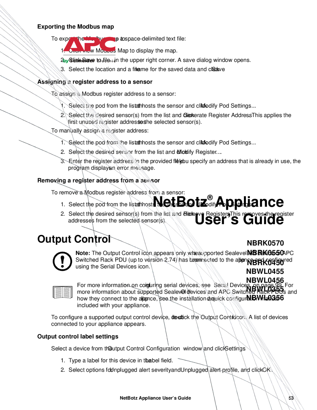 APC NBRK0550, NBRK0450, NBRK0570 manual Output Control, Exporting the Modbus map, Assigning a register address to a sensor 