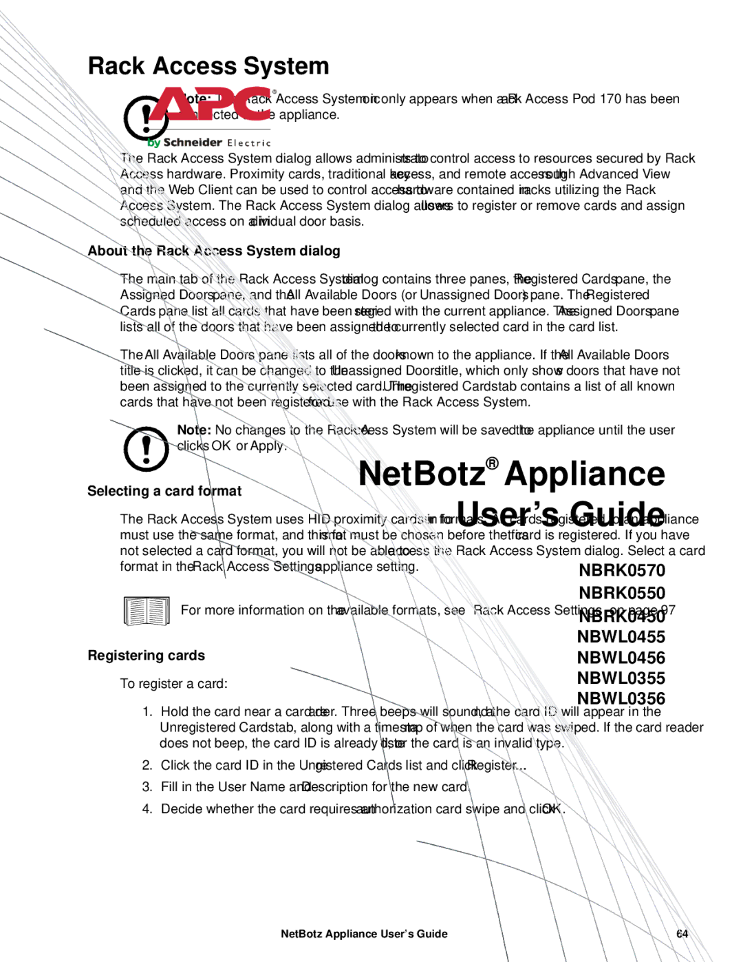 APC NBRK0570, NBRK0550, NBRK0450 manual About the Rack Access System dialog, Selecting a card format, Registering cards 