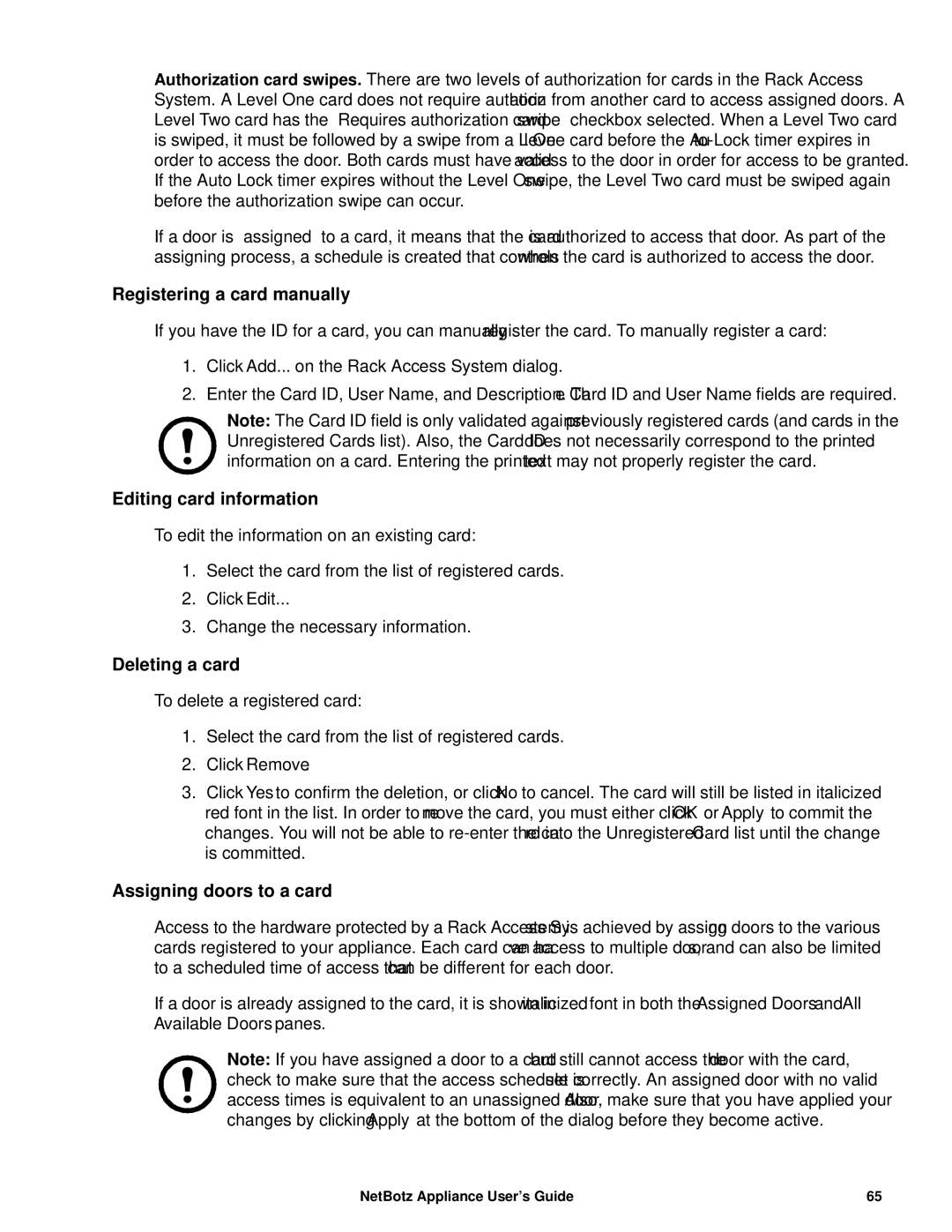 APC NBRK0550 Registering a card manually, Editing card information, Click Edit, Deleting a card, Assigning doors to a card 