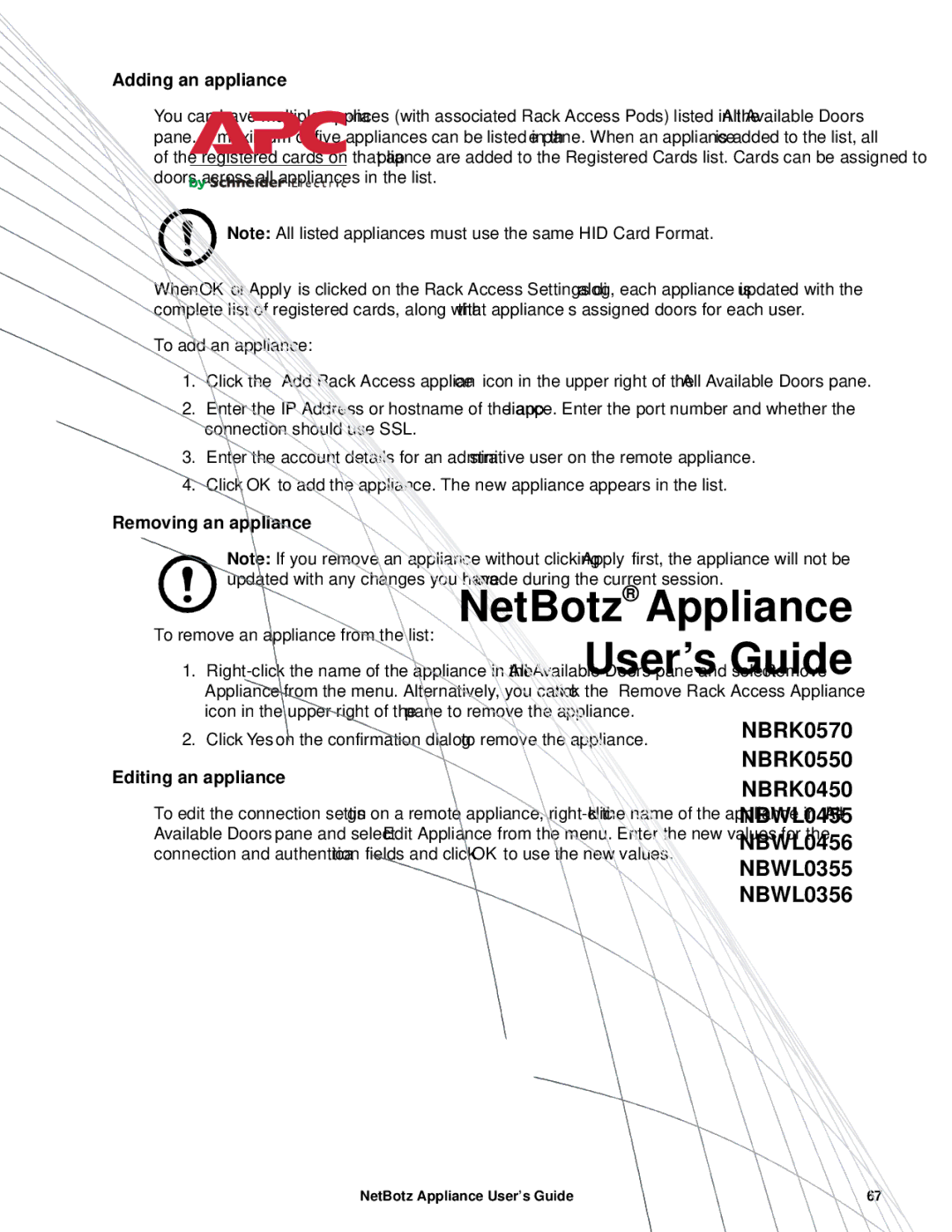 APC NBRK0570, NBRK0550, NBRK0450 manual Adding an appliance, Removing an appliance, Editing an appliance 