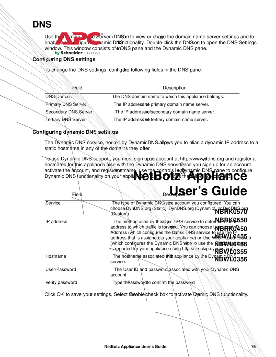 APC NBRK0570, NBRK0550, NBRK0450 manual Configuring DNS settings, Configuring dynamic DNS settings 