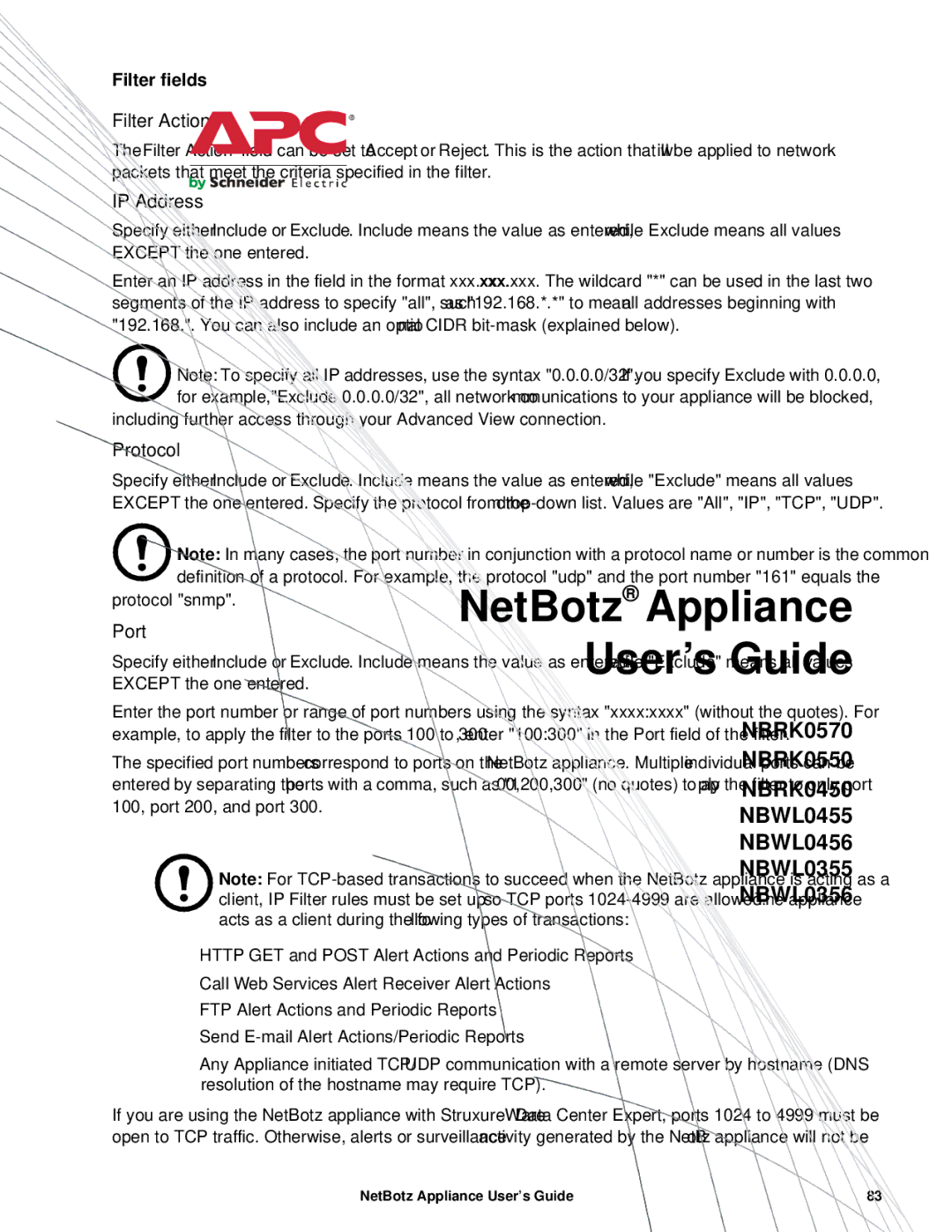 APC NBRK0550, NBRK0450, NBRK0570 manual Filter Action, Filter fields 