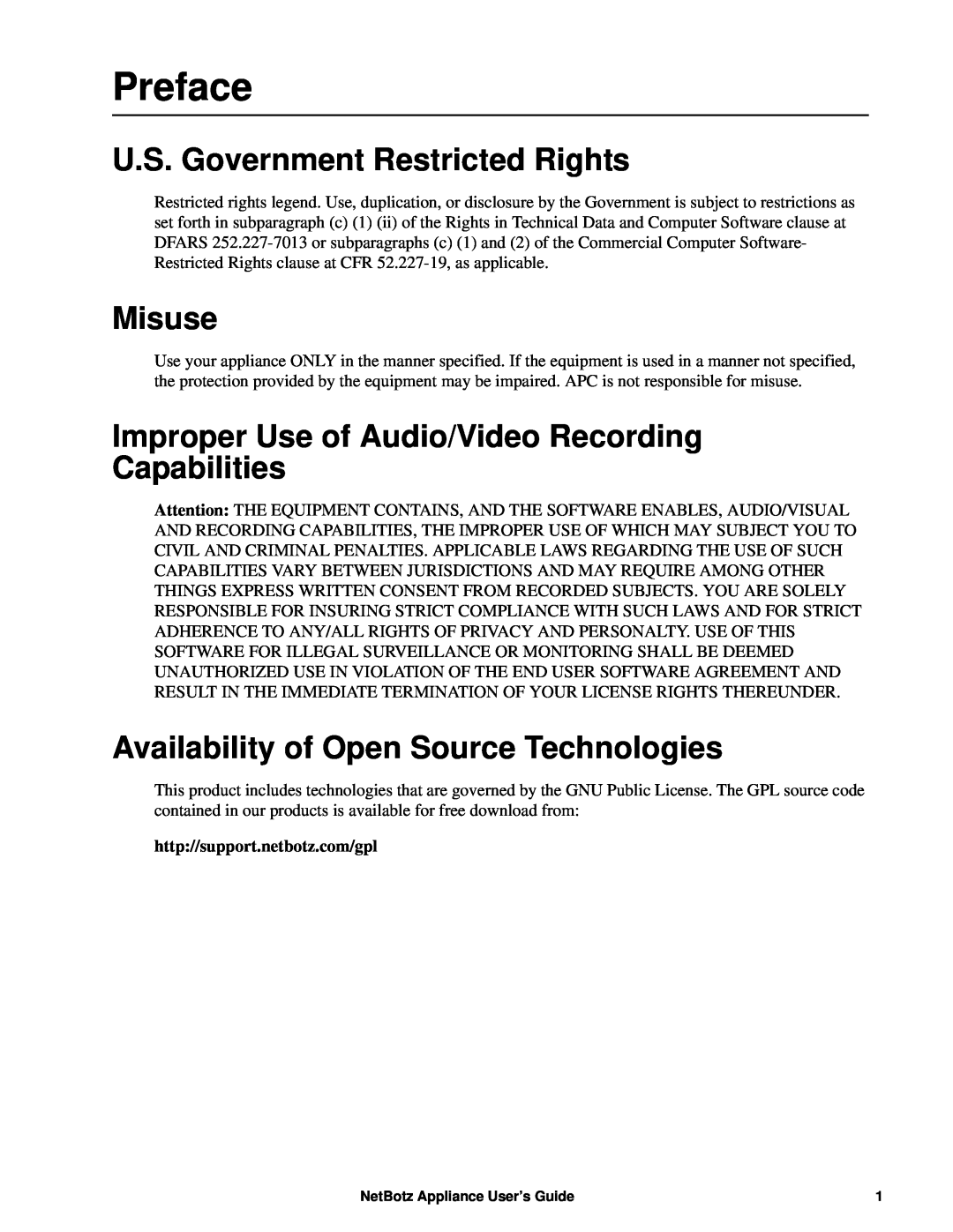 APC NBRK0570, NBRK0550 manual Preface, U.S. Government Restricted Rights, Misuse, Availability of Open Source Technologies 