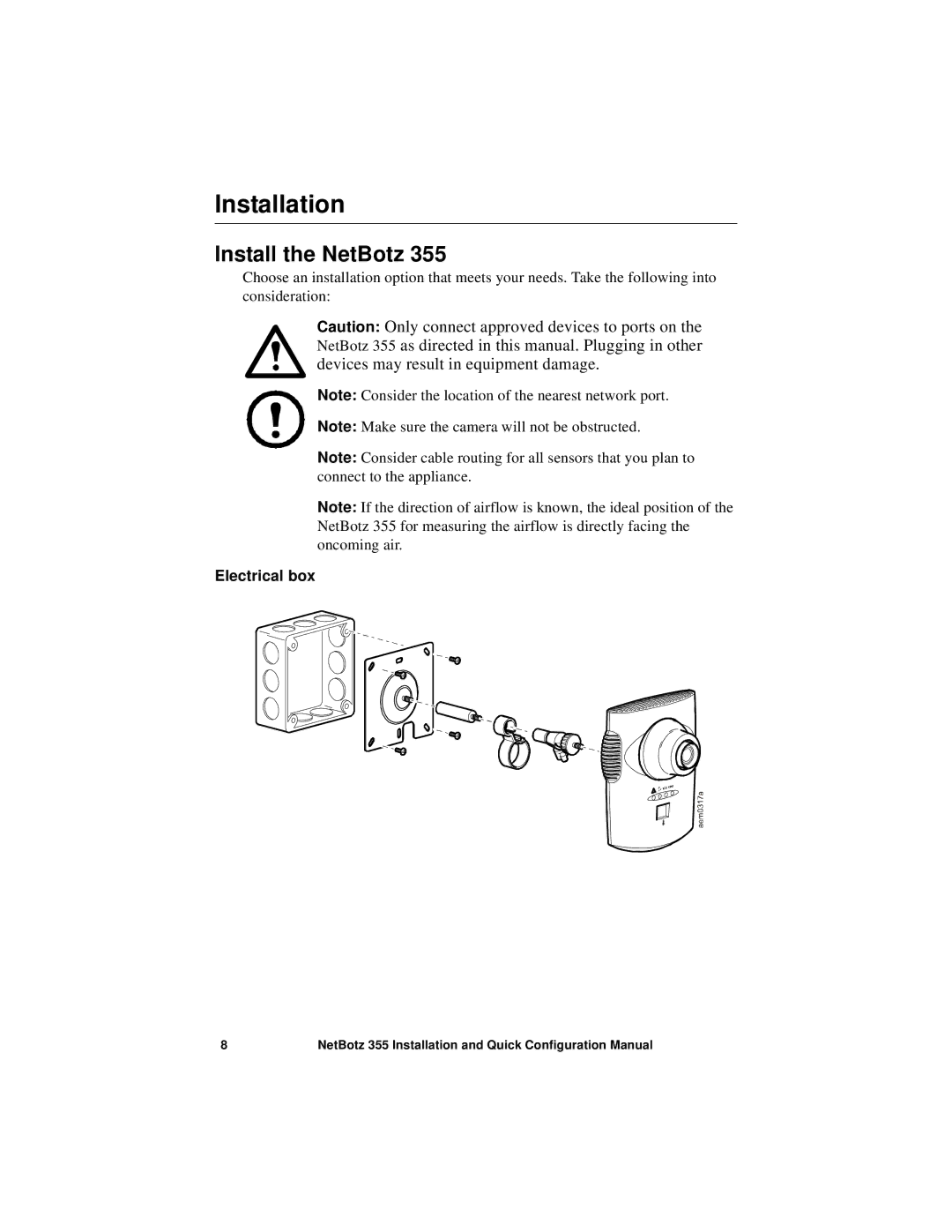 APC NBWL0355, NBWL0356 configurationmanual Installation, Install the NetBotz, Electrical box 