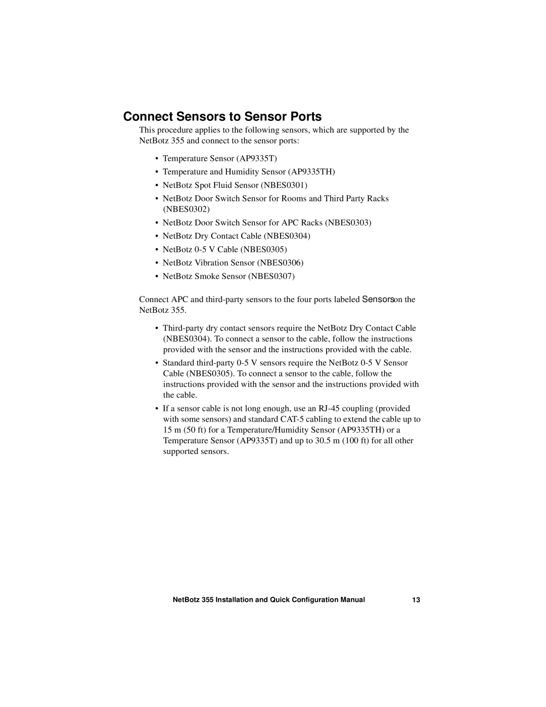 APC NBWL0356, NBWL0355 configurationmanual Connect Sensors to Sensor Ports 