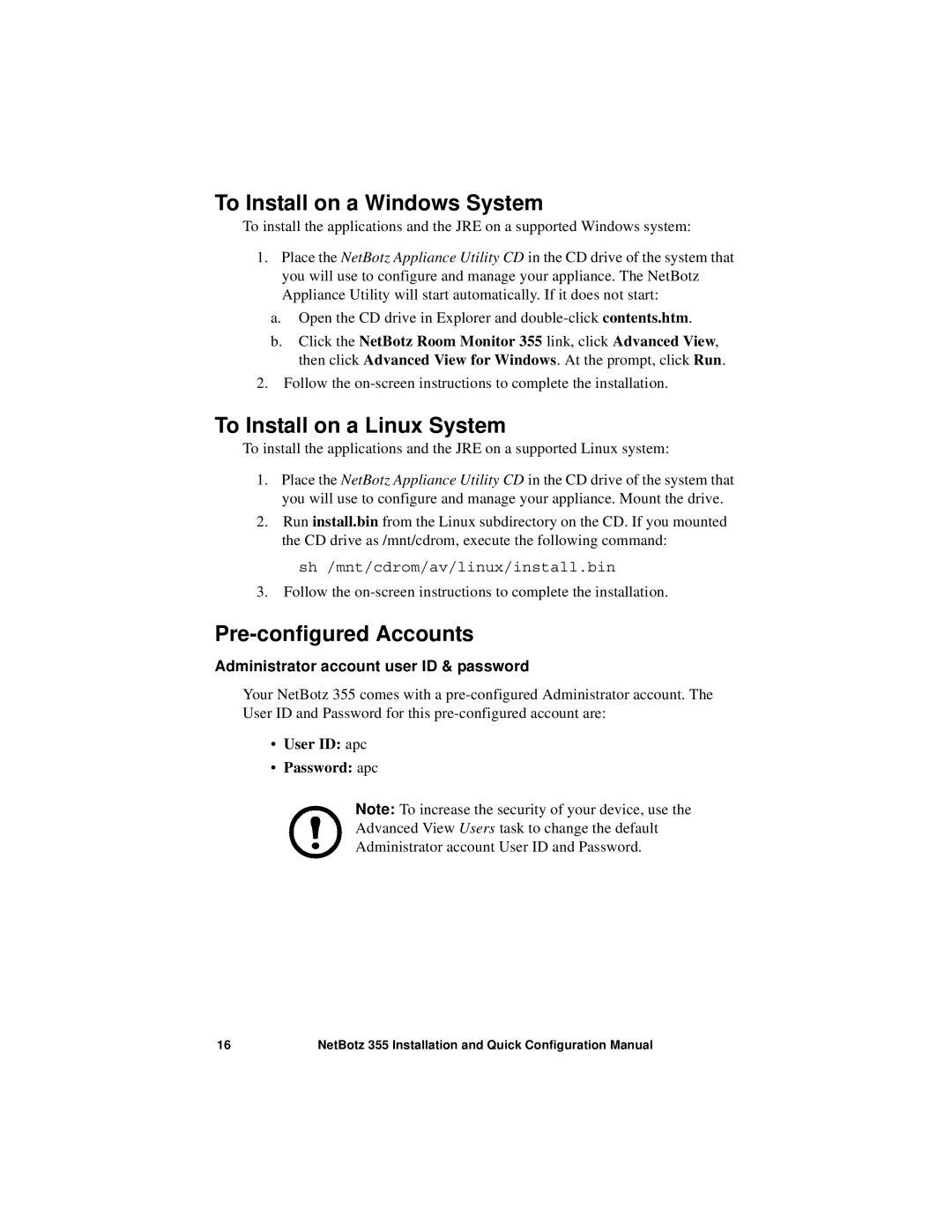 APC NBWL0355, NBWL0356 To Install on a Windows System, To Install on a Linux System, Pre-configured Accounts 