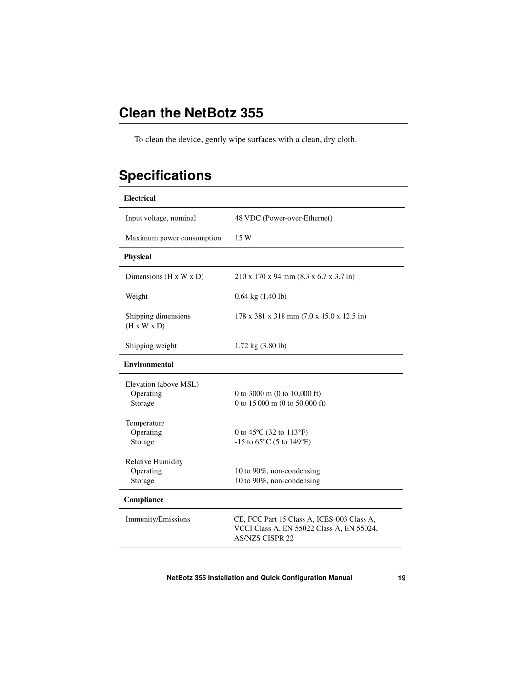 APC NBWL0356, NBWL0355 configurationmanual Clean the NetBotz, Specifications 