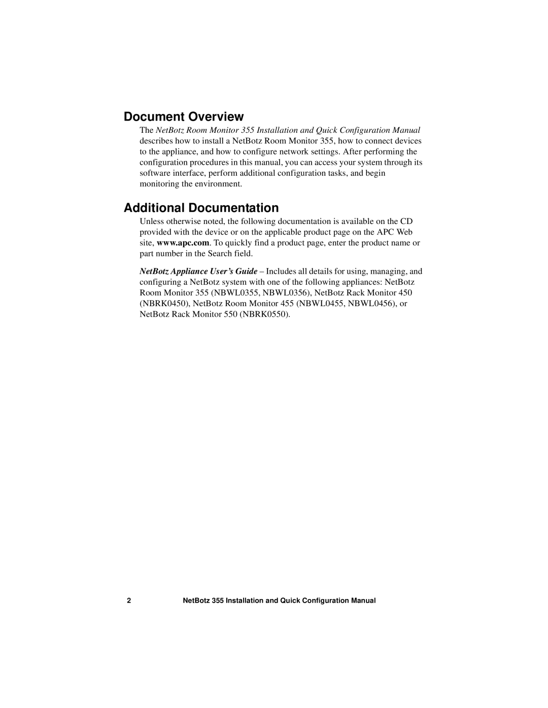 APC NBWL0355, NBWL0356 configurationmanual Document Overview, Additional Documentation 