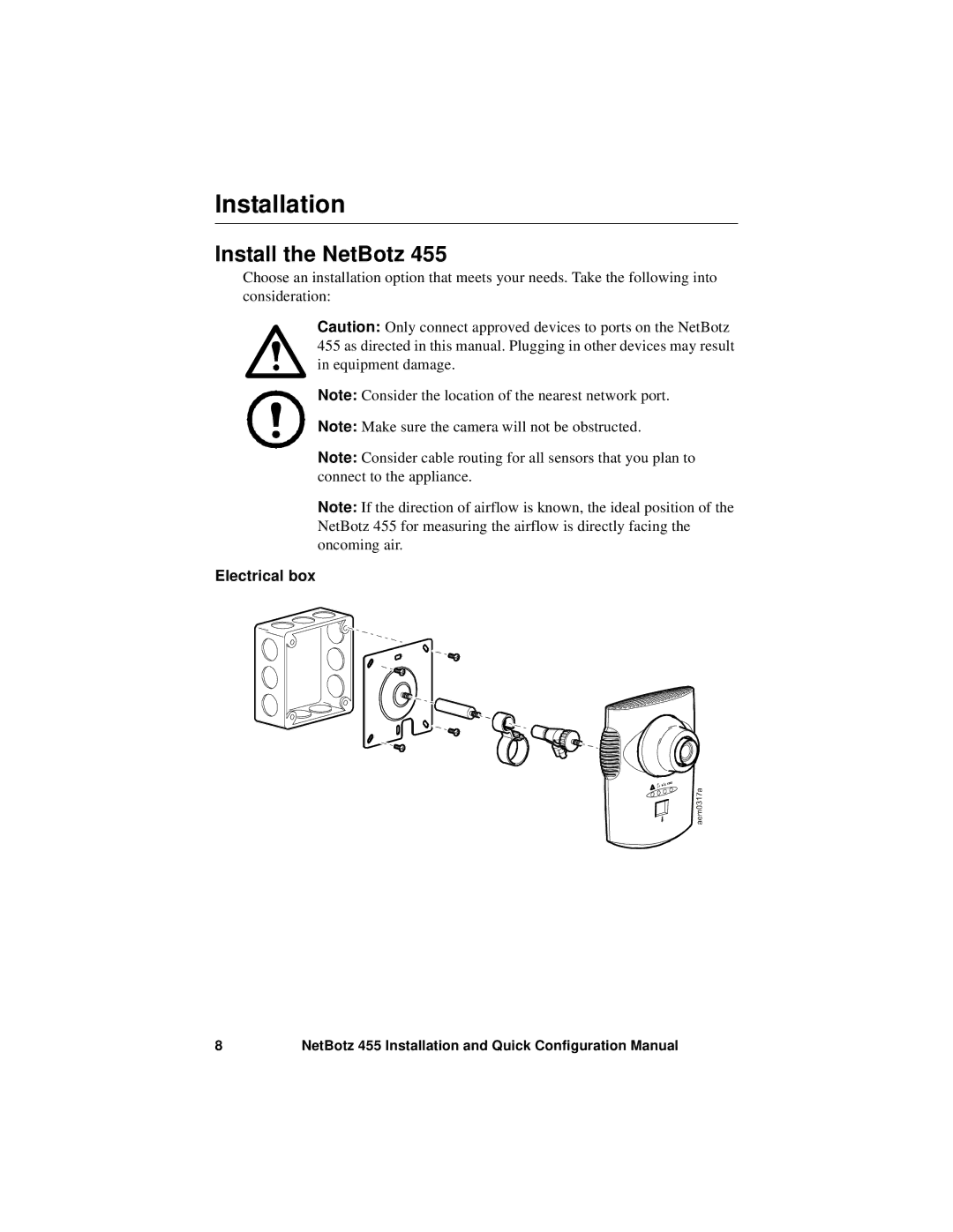 APC NBWL0455, NBWL0456 configurationmanual Installation, Install the NetBotz, Electrical box 