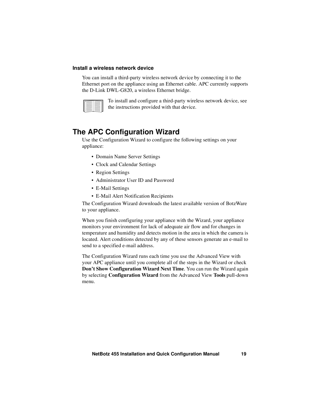 APC NBWL0456, NBWL0455 configurationmanual APC Configuration Wizard, Install a wireless network device 