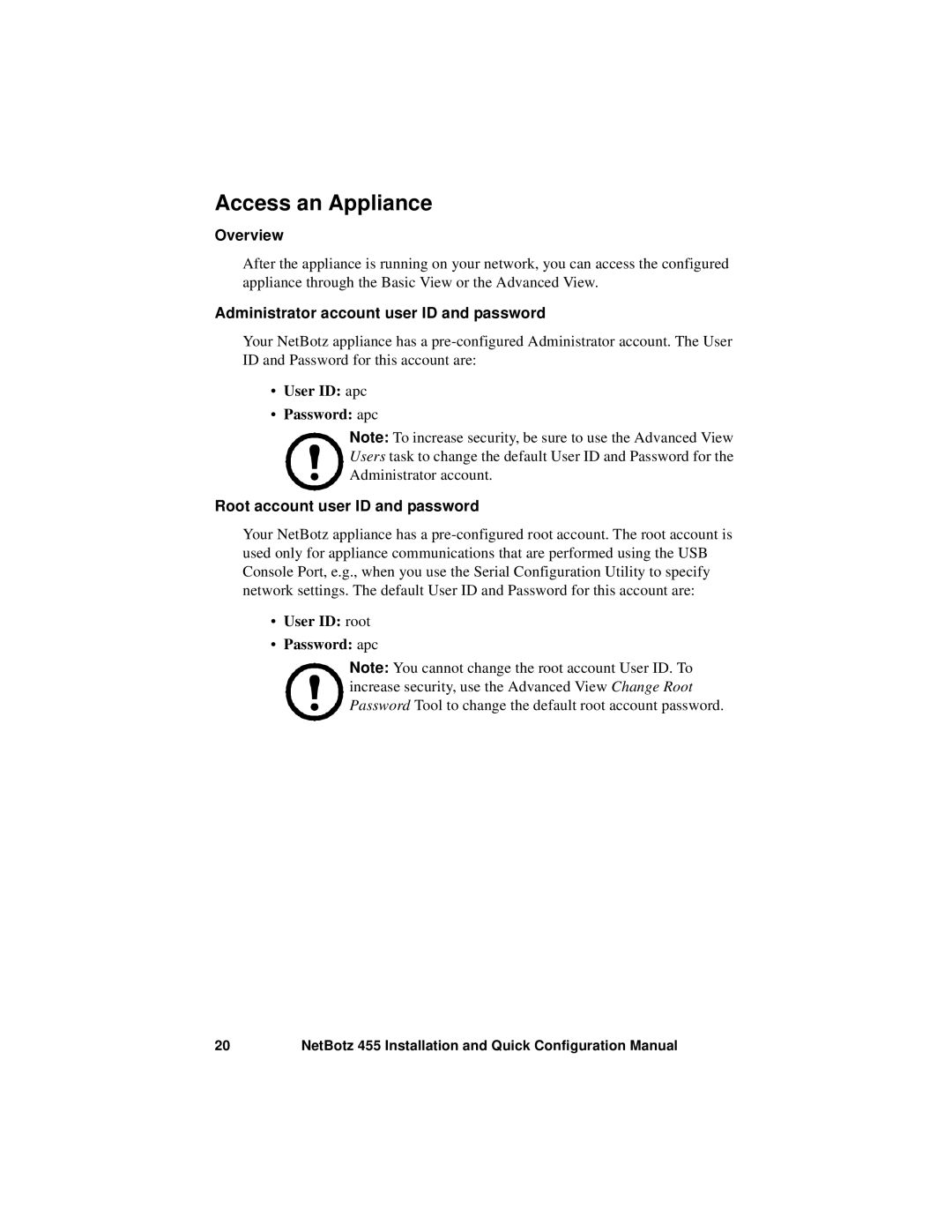 APC NBWL0455 Access an Appliance, Overview, Administrator account user ID and password, Root account user ID and password 