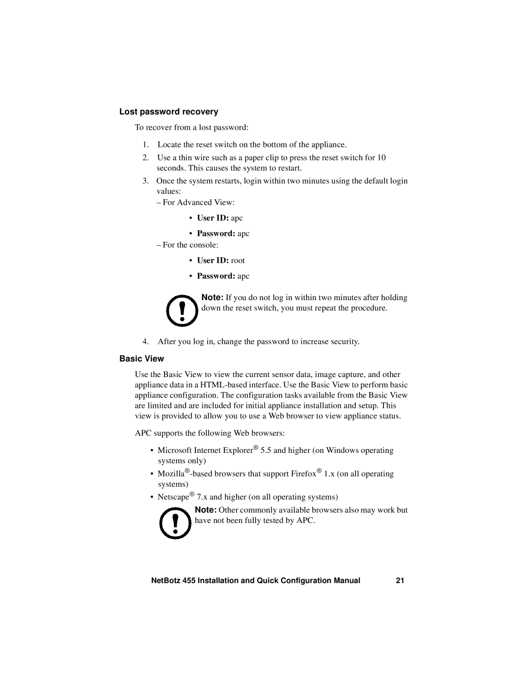 APC NBWL0456, NBWL0455 configurationmanual Lost password recovery, Basic View 